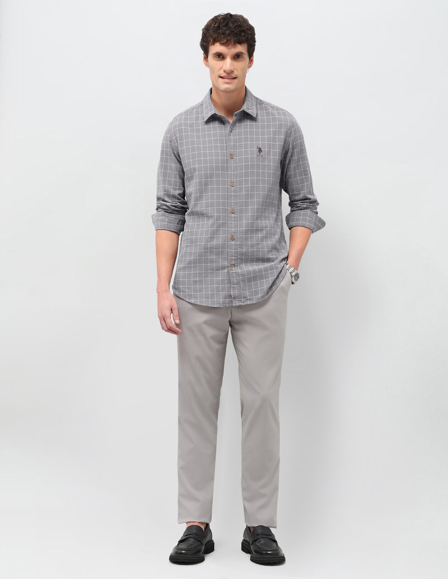 Windowpane Checked Regular Fit Shirt Grey - U.S. Polo Assn. India | Large