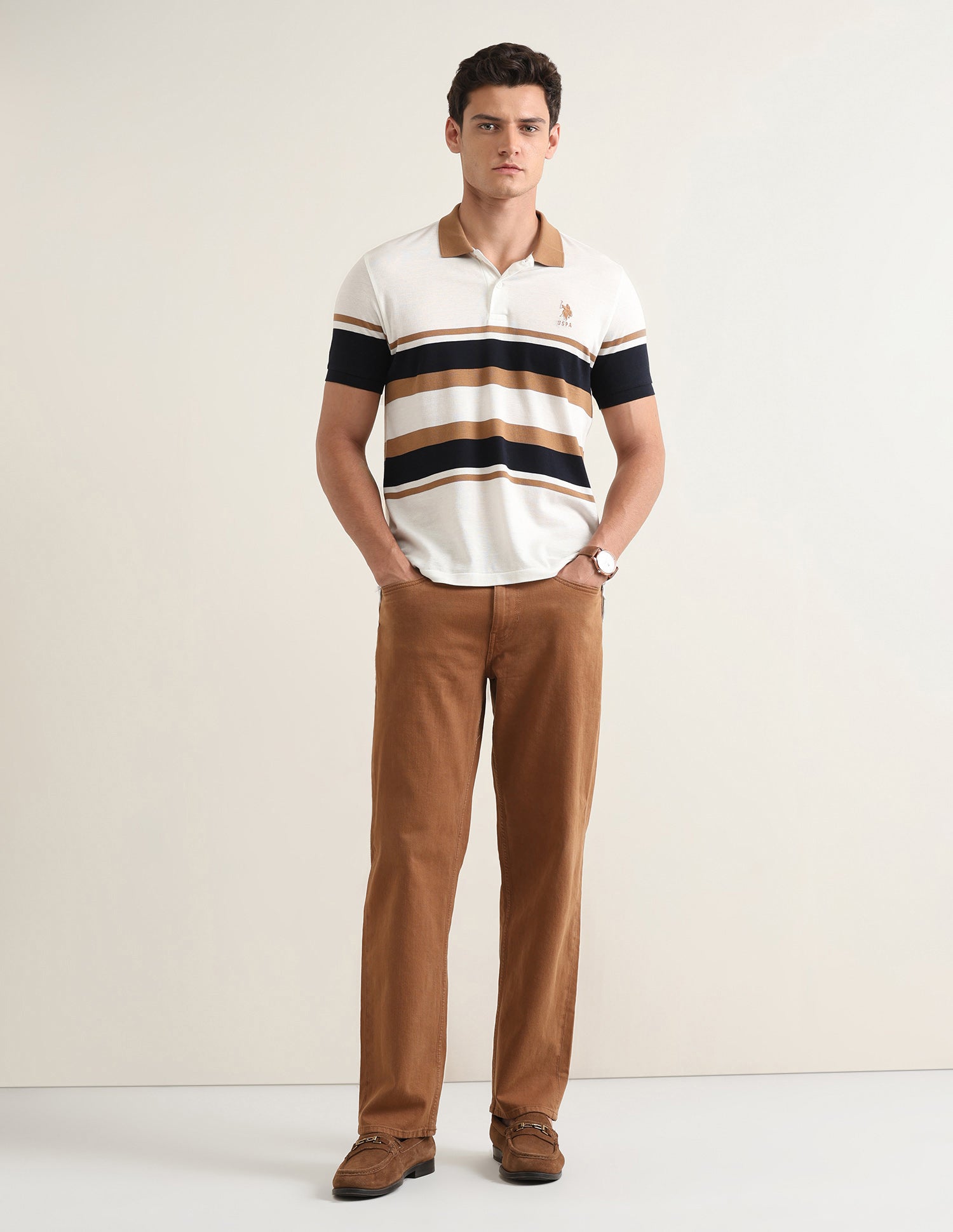 Horizontal Striped Slim Fit Polo Shirt Beige - U.S. Polo Assn. India | Large