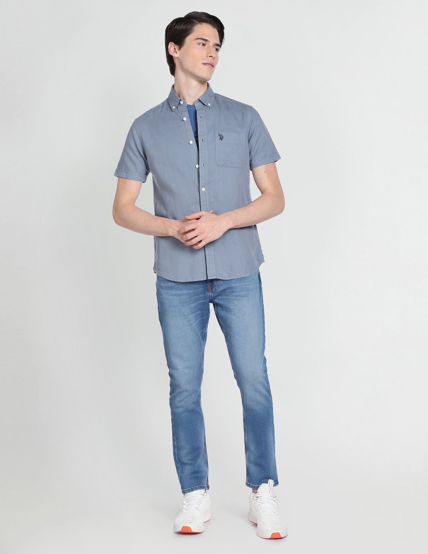 Button Down Collar Overdyed Solid Shirt Steel Blue - U.S. Polo Assn. India | Large