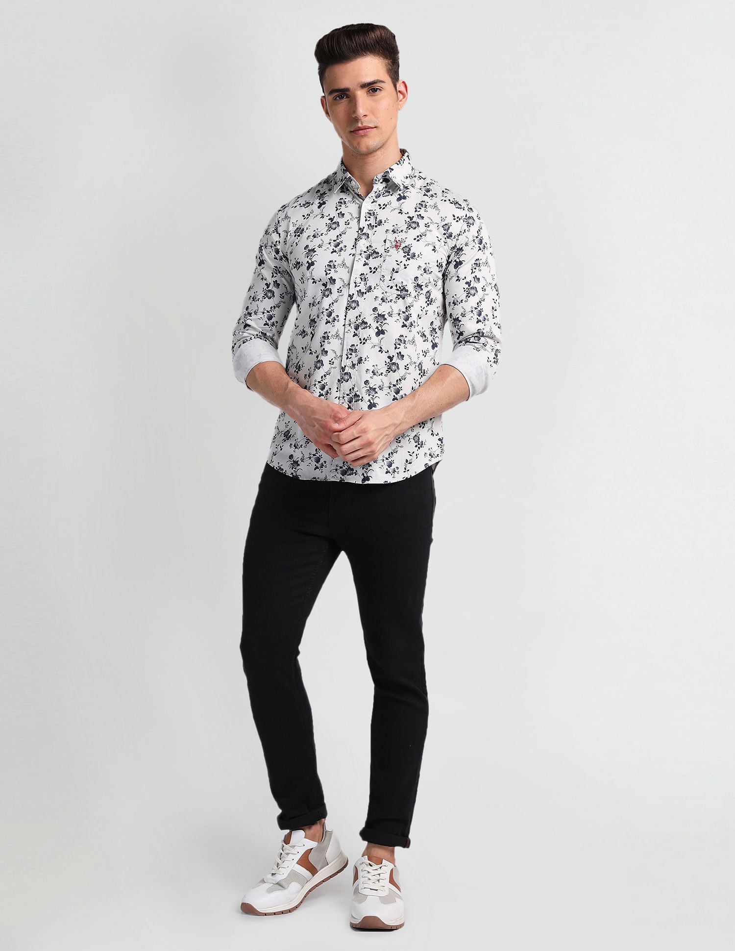 Floral Print Twill Shirt White and Navy - U.S. Polo Assn. India | Large