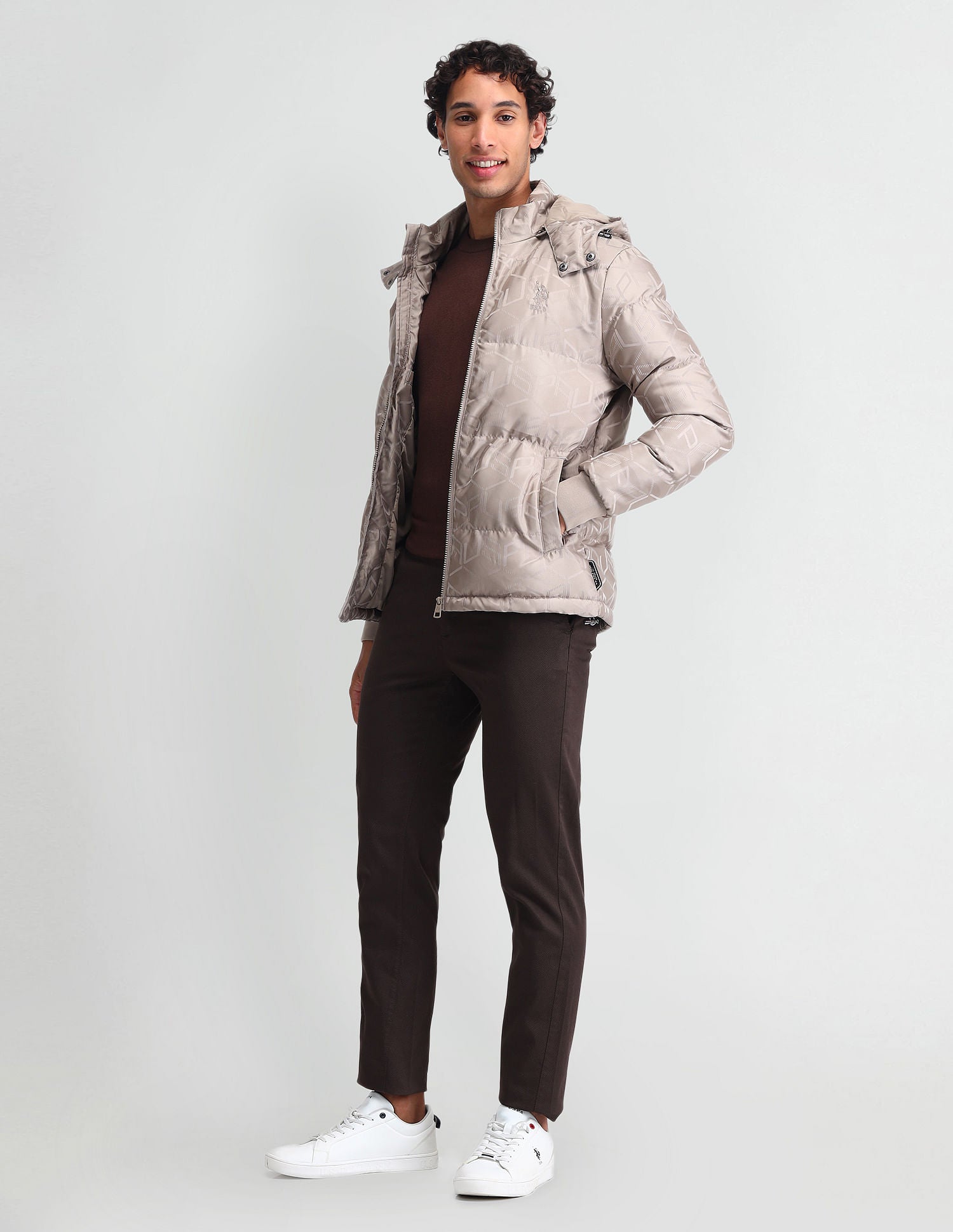 Detachable Hood Padded Jacket Beige Jacquard - U.S. Polo Assn. India | Large