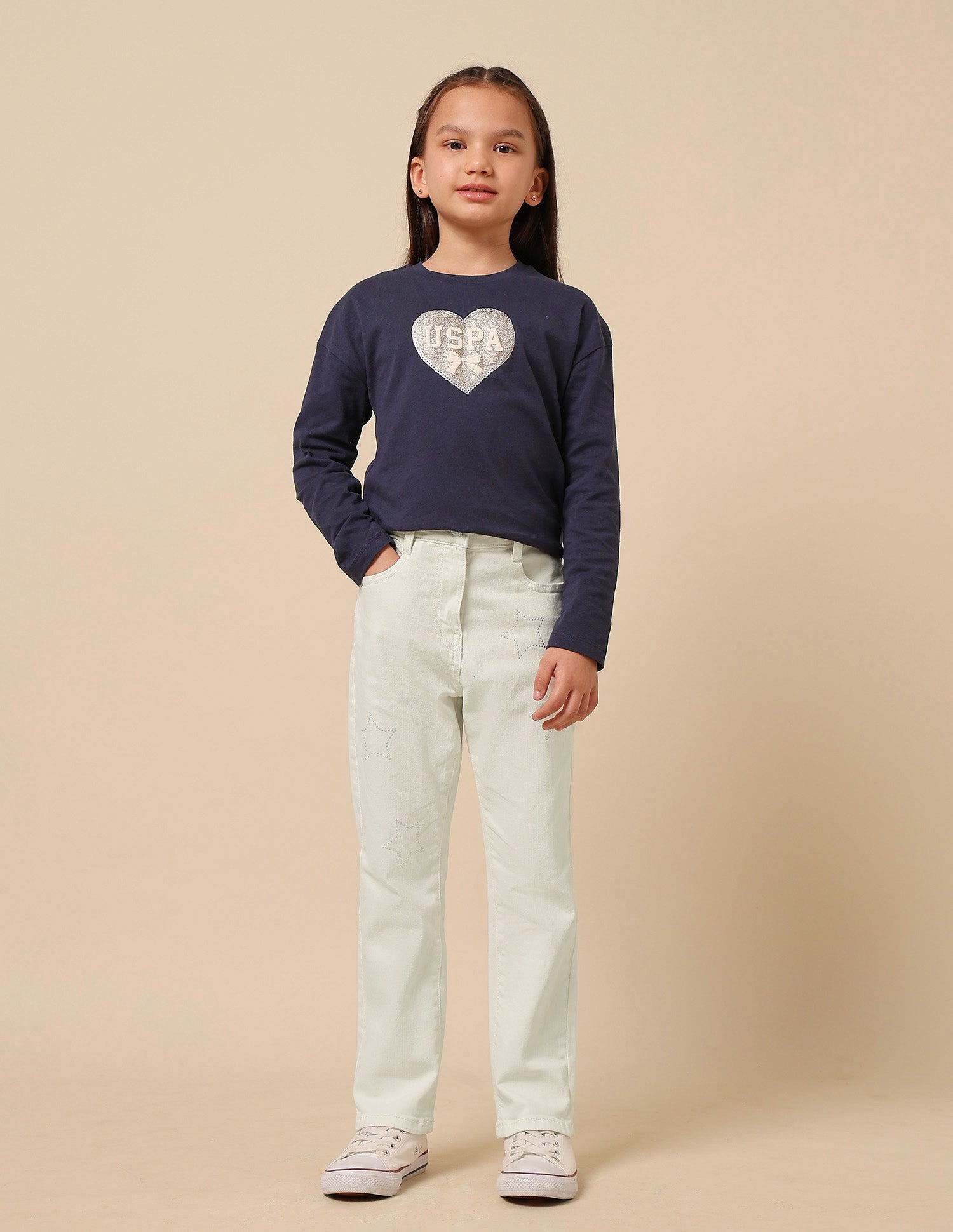 Girls Stars Rhinestone Embellished Jeans White - U.S. POLO ASSN. | Large