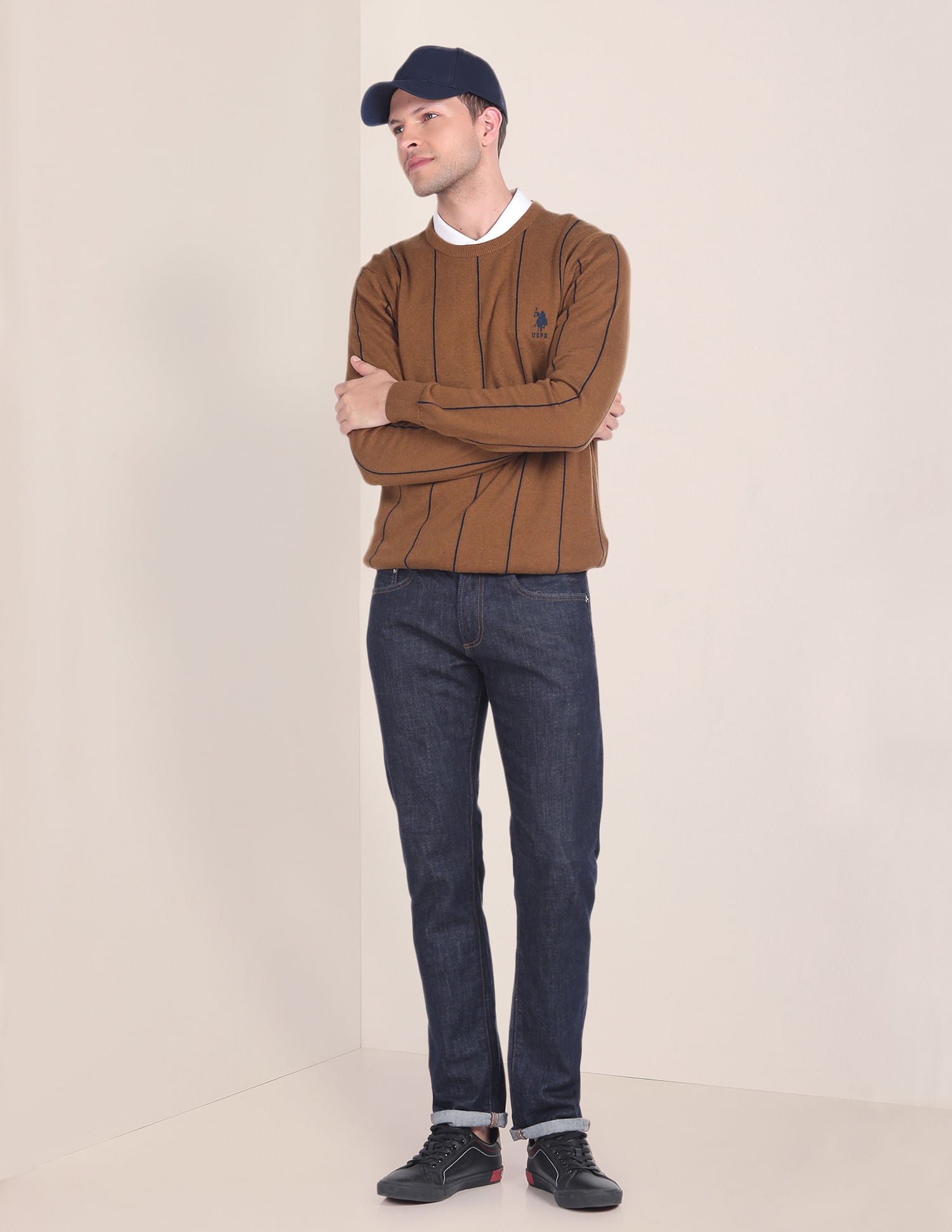 Crew Neck Vertical Stripe Sweater Brown - U.S. POLO ASSN. | Large