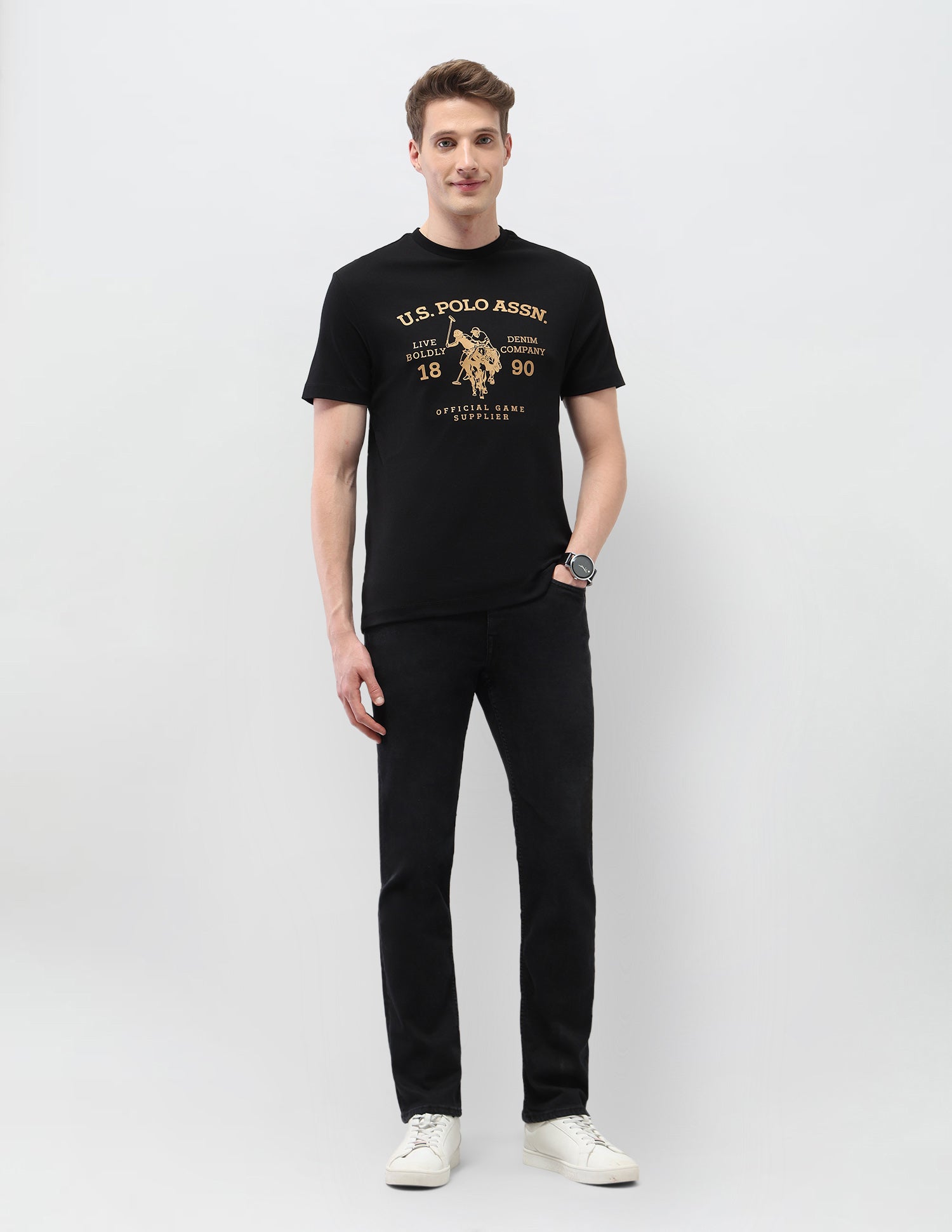 Graphic Brand Printed Slim Fit Black & Gold T-Shirt Black - U.S. Polo Assn. India | Large