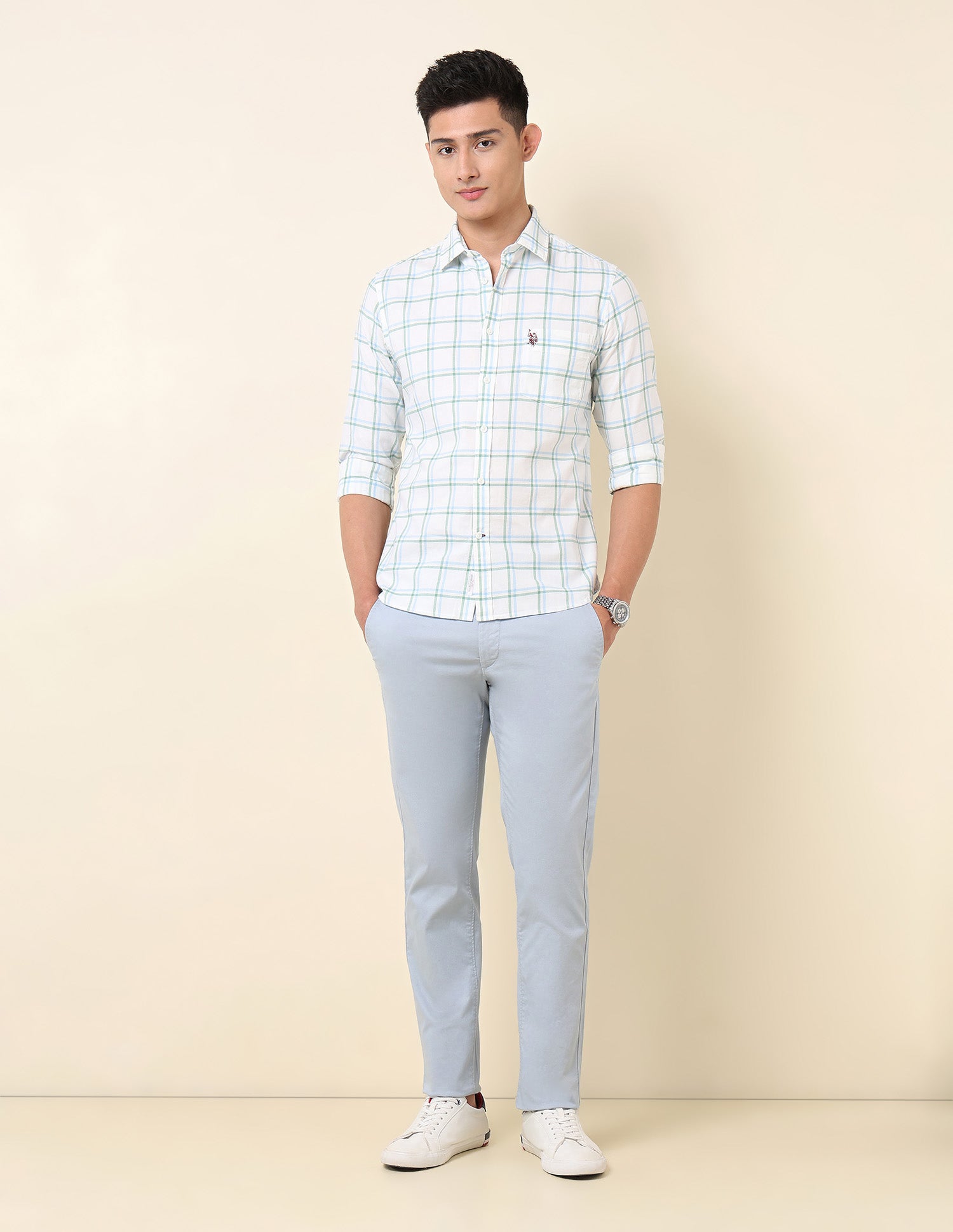 Pure Cotton Windowpane Checked Shirt Light Green - U.S. Polo Assn. India | Large