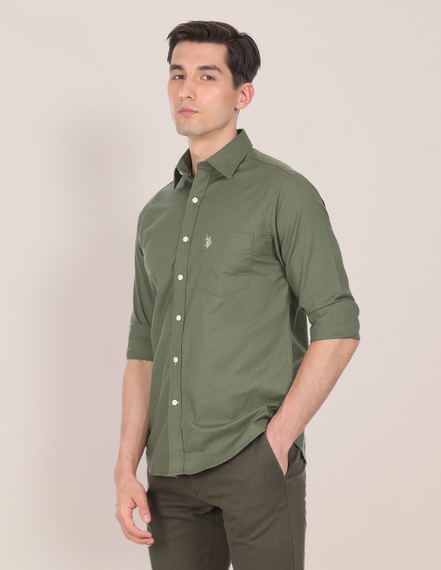 Spread Collar Solid Casual Shirt Olive - U.S. POLO ASSN. | Large