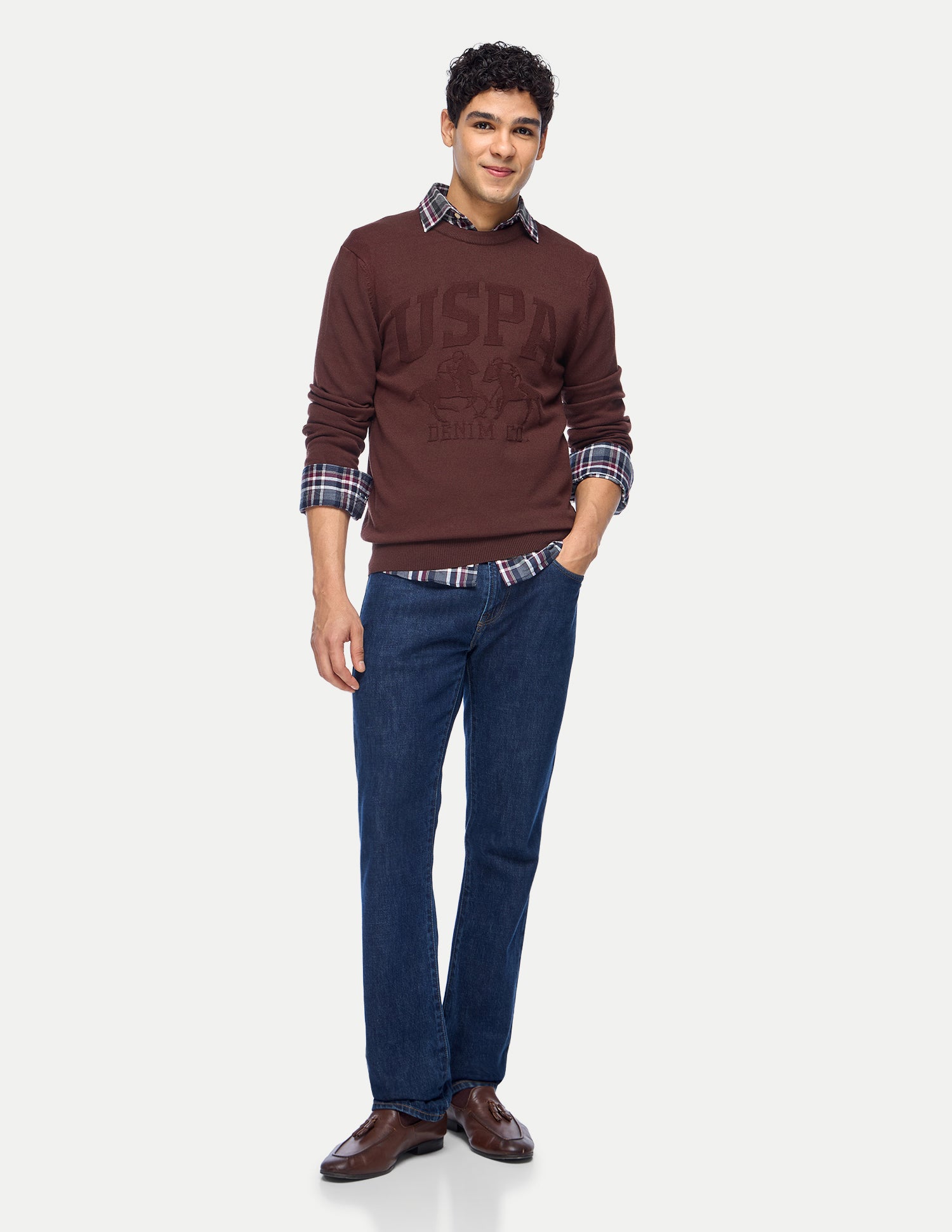 Brand Embossed Regular Fit Sweater Dark Brown - U.S. Polo Assn. India | Large