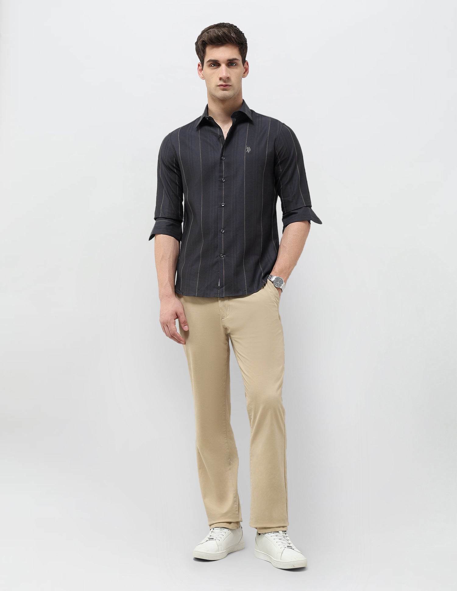 Textured With Vertical Striped Dobby Shirt Dark Grey - U.S. POLO ASSN. | Large