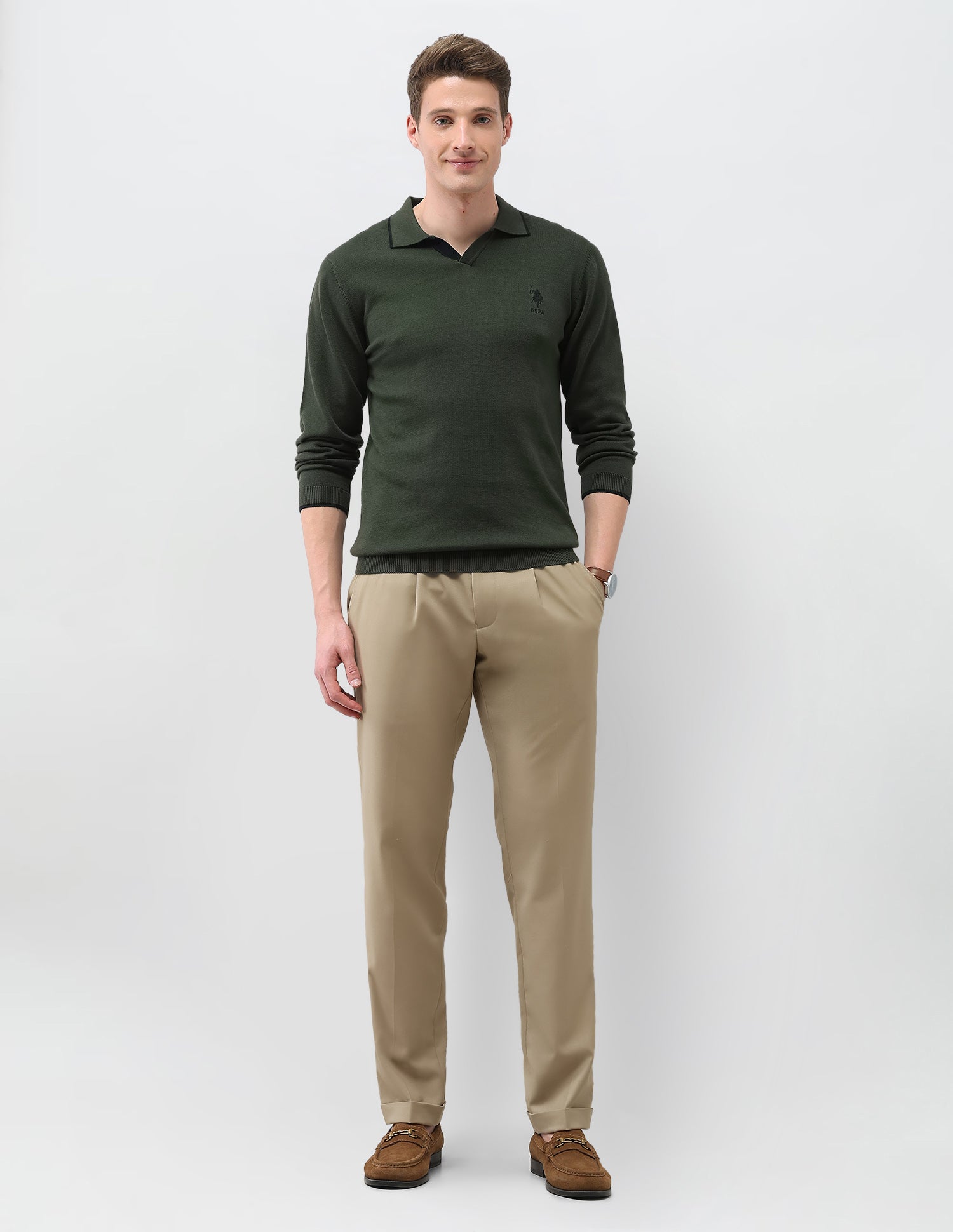 Solid Regular Fit Sweater Olive - U.S. Polo Assn. India | Large