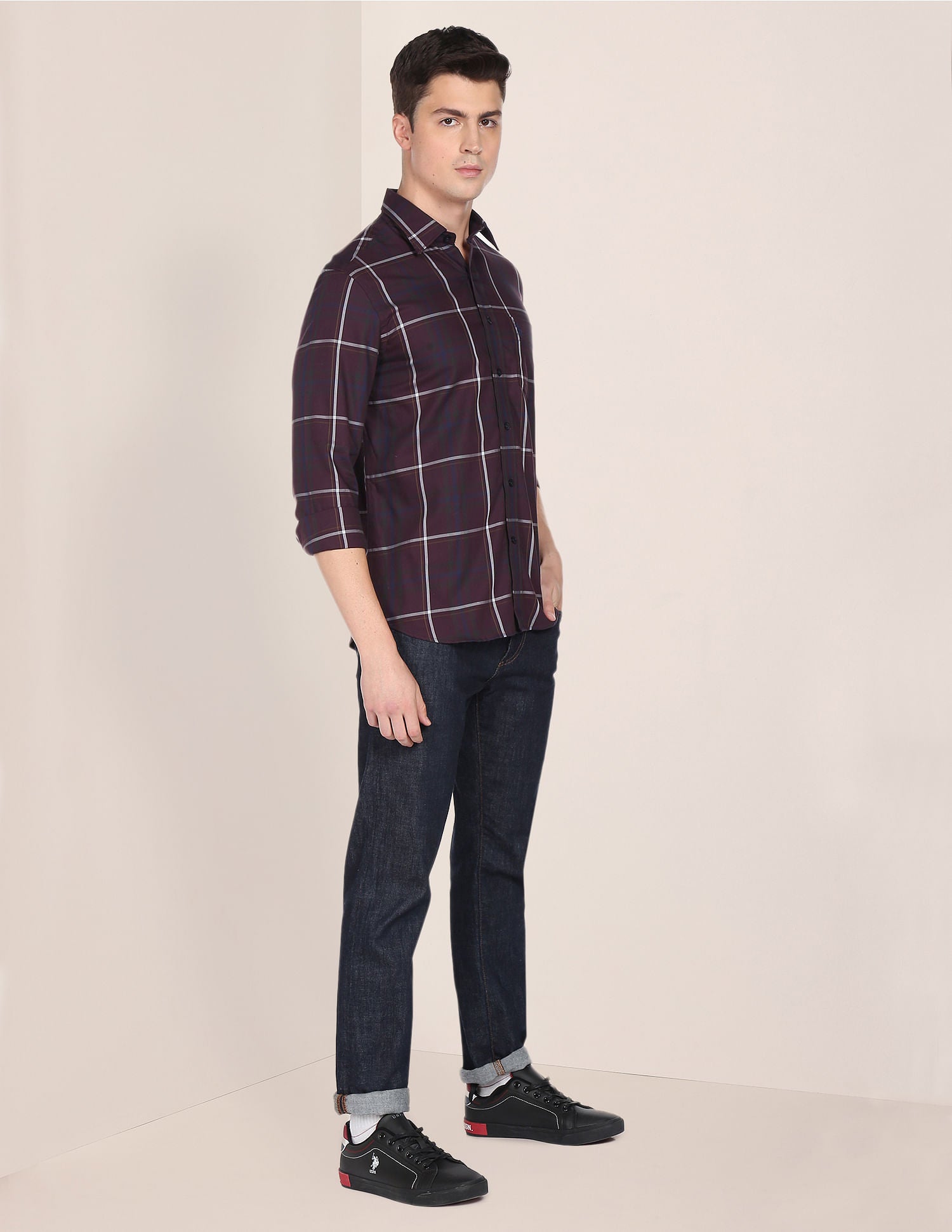 Men Wine Tailored Regular Fit Tartan Check Casual Shirt Wine - U.S. Polo Assn. India | Large