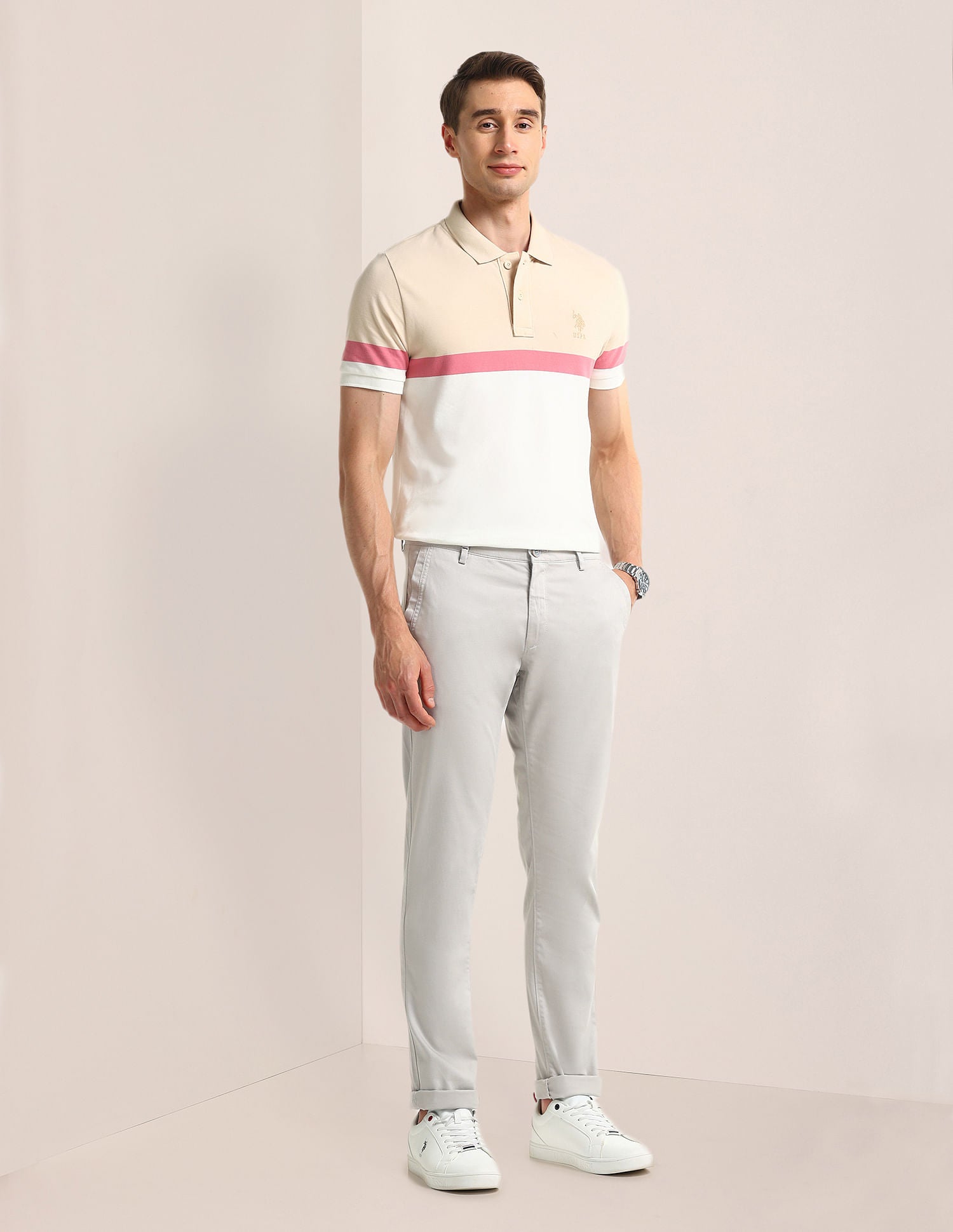 Denver Slim Fit Solid Trousers Light-Grey - U.S. POLO ASSN. | Large