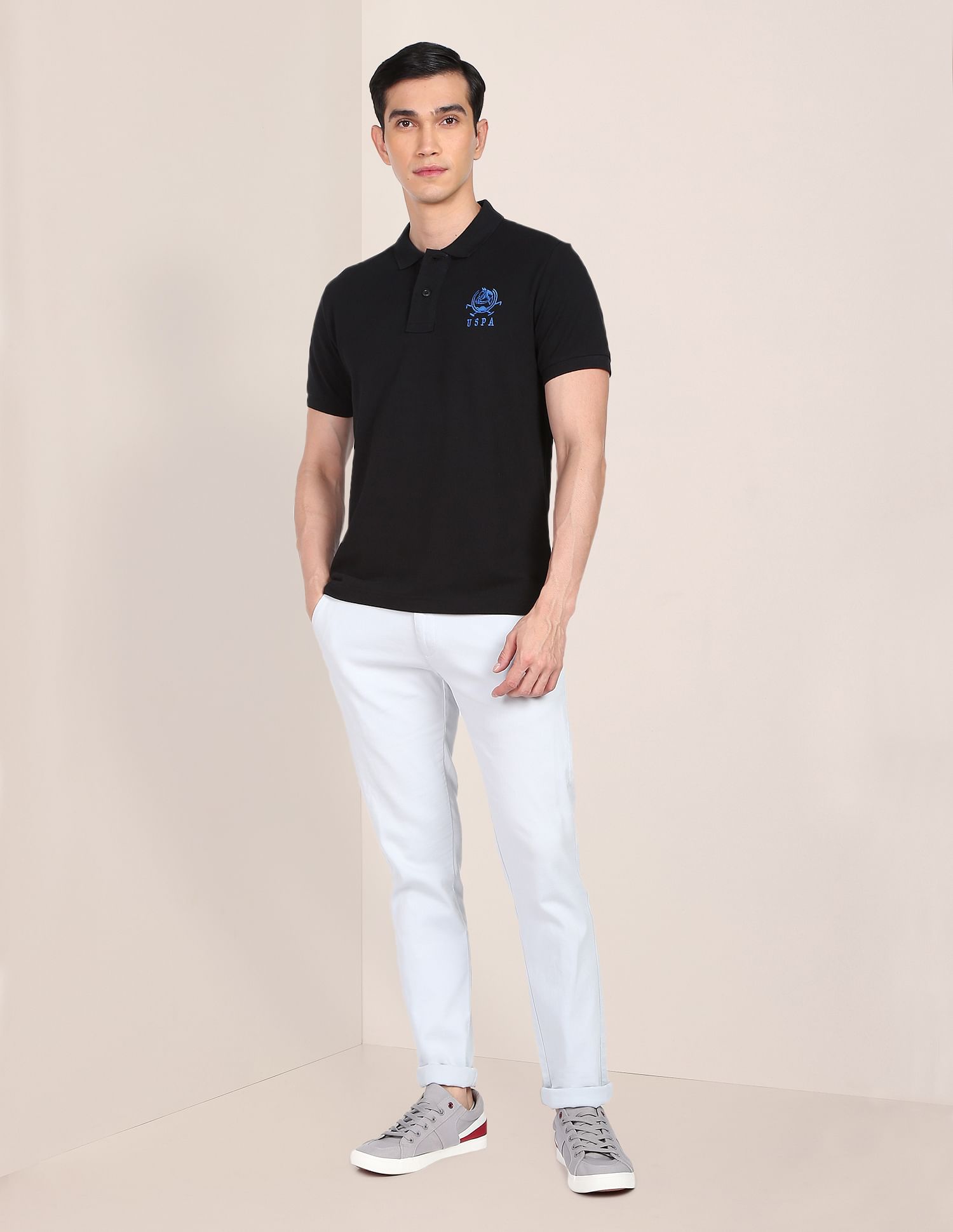 Solid Pique Knit Cotton Polo Shirt Black - U.S. Polo Assn. India | Large
