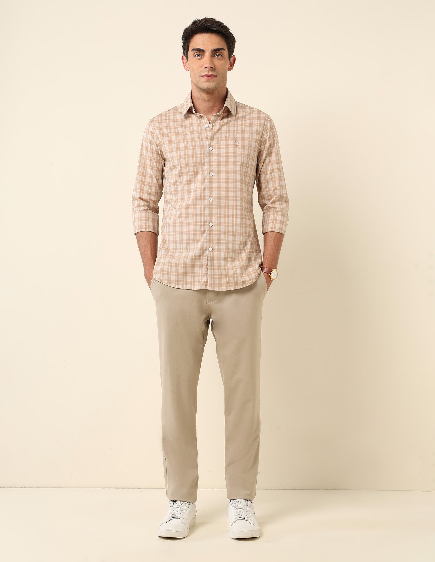 Grid Tattersall Checked Tailored Fit Shirt Beige - U.S. Polo Assn. India | Large