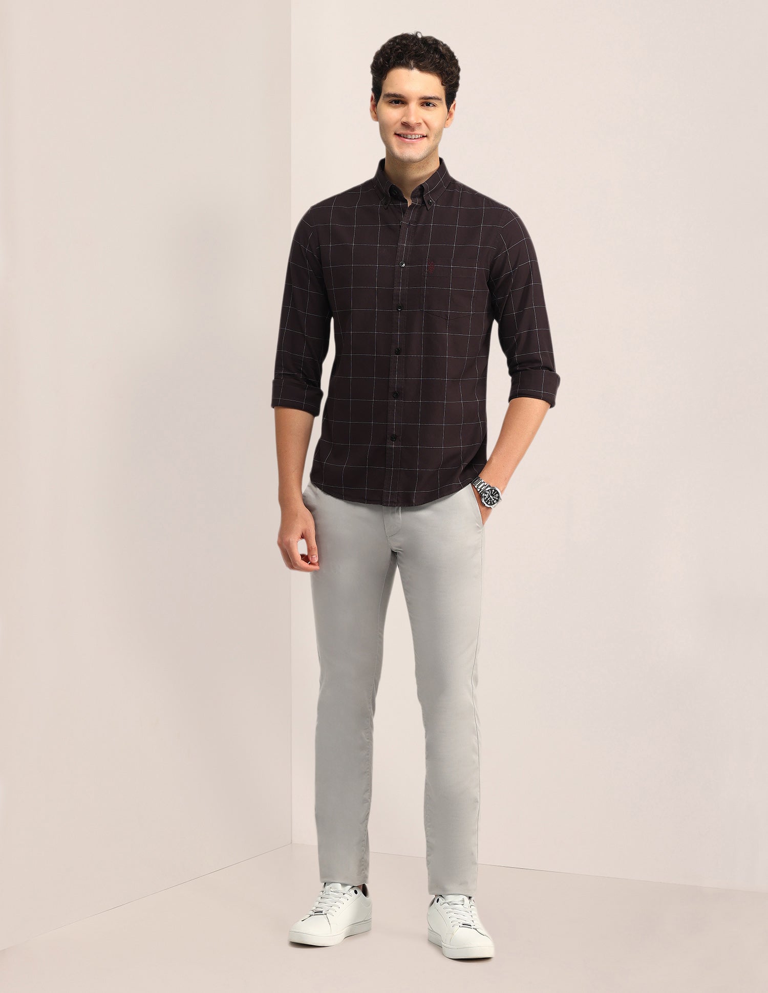 Windowpane Checked Tailored Fit Shirt Maroon - U.S. Polo Assn. India | Large
