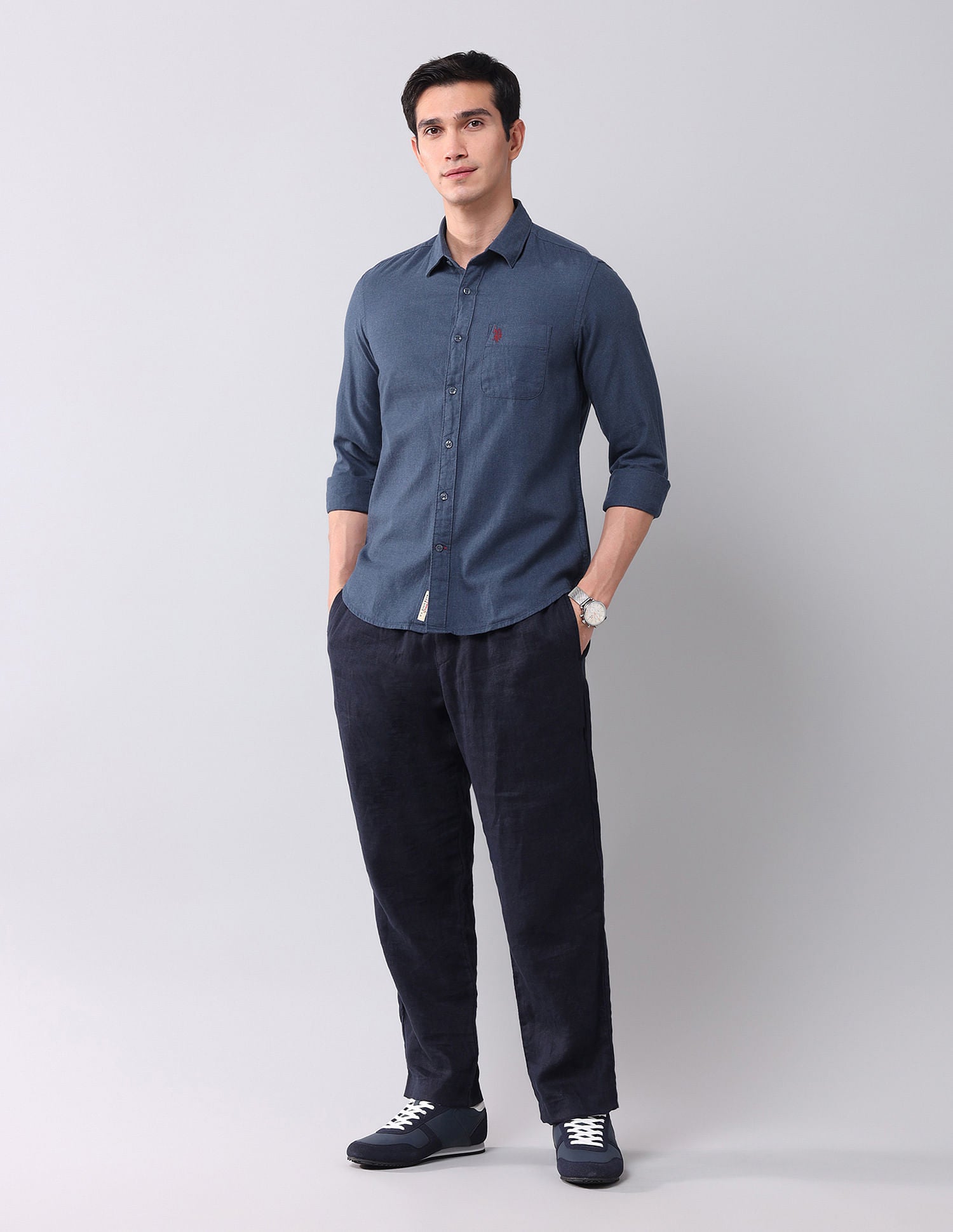 Regular Fit Chambray Solid Shirt Blue - U.S. Polo Assn. India | Large