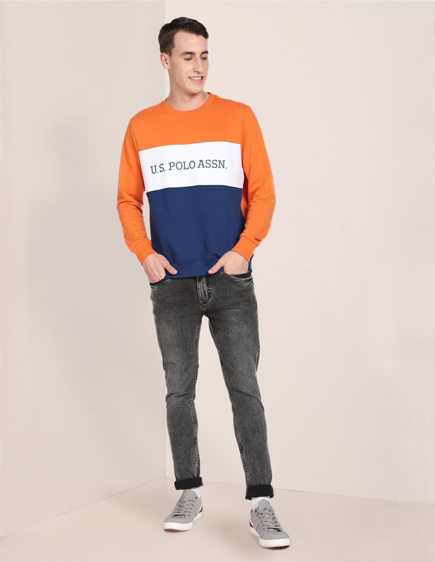 Colour Block Crew Neck Sweatshirt Orange and Navy - U.S. POLO ASSN. | Large