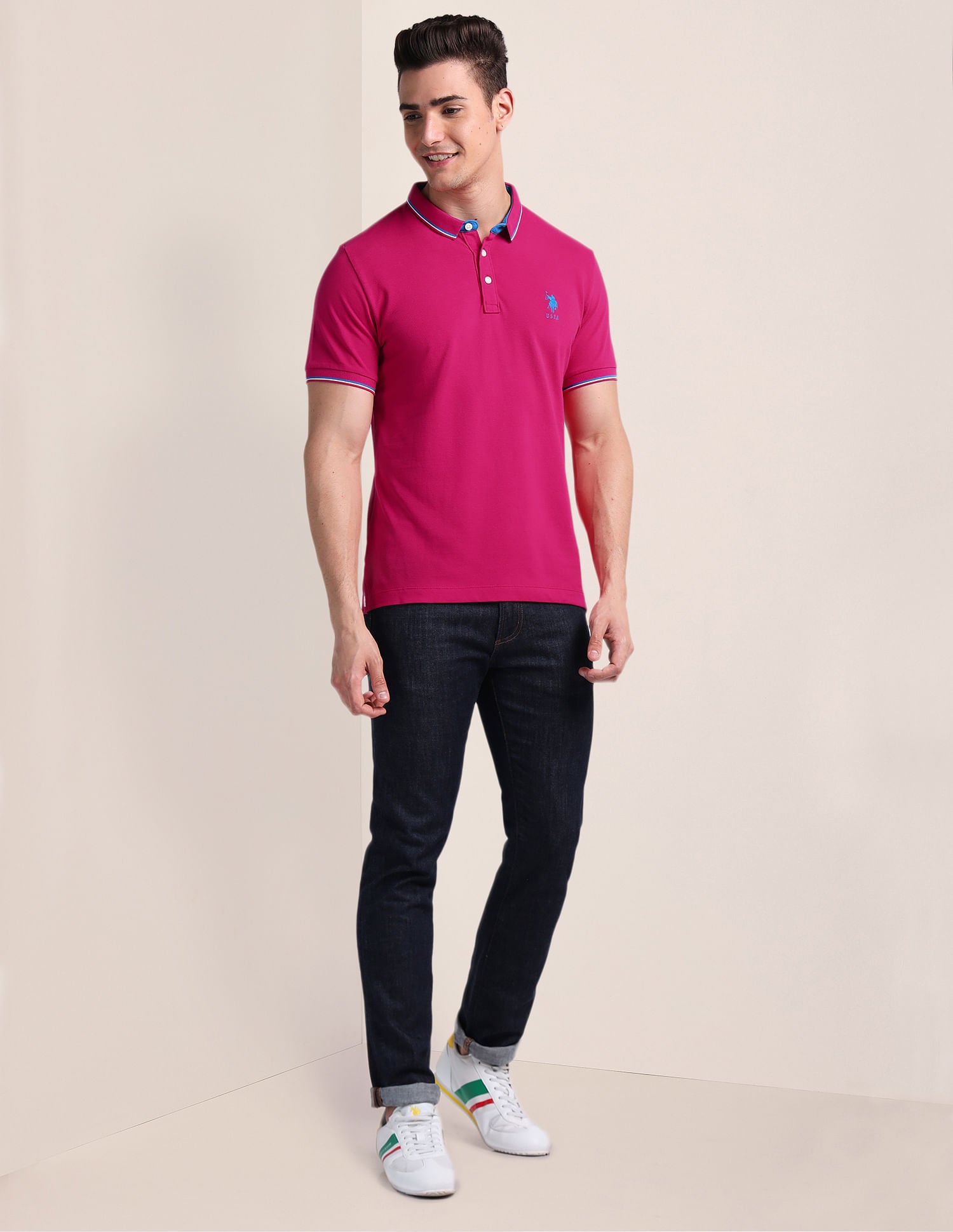 Slim Fit Solid Polo Shirt Pink - U.S. Polo Assn. India | Large
