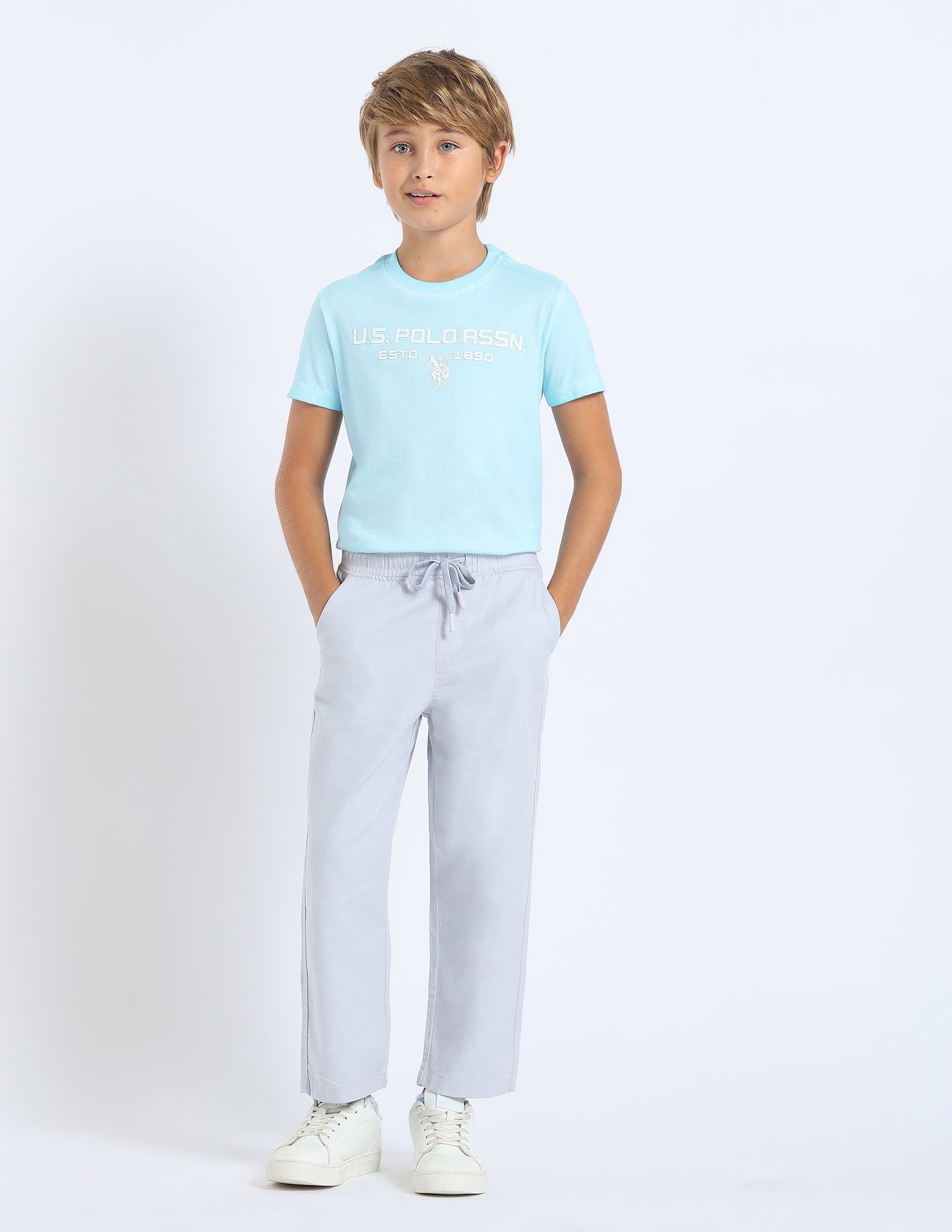 Boys Solid Relaxed Fit Trousers Light Blue - U.S. POLO ASSN. | Large