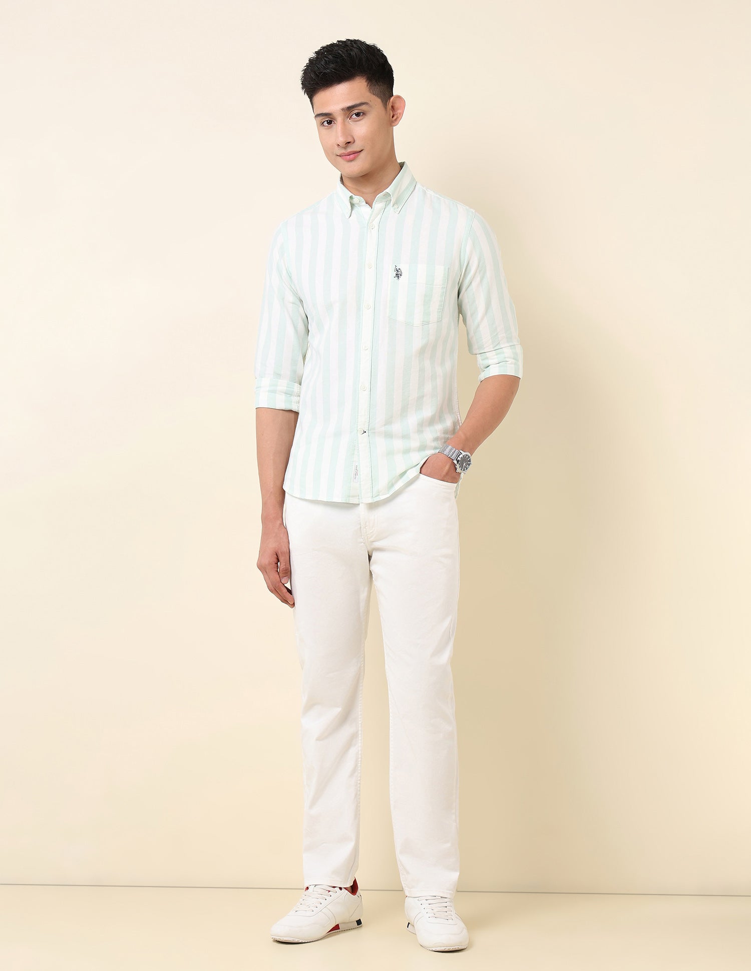 Vertical Striped Oxford Button-Down Shirt Light Green - U.S. Polo Assn. India | Large