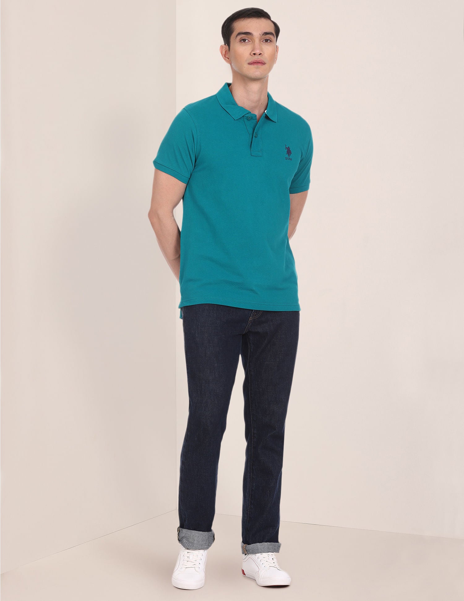 Men Teal Solid Cotton Pique Polo Shirt – U.S. Polo Assn. India