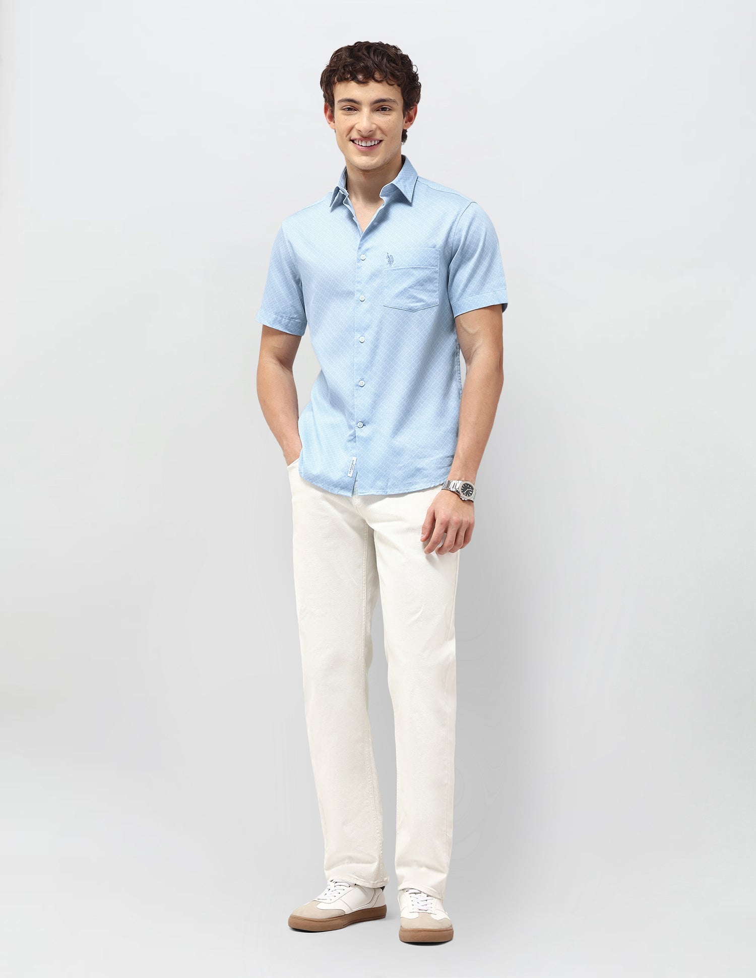 Regular Fit Self Design Geometric Shirt Light Blue - U.S. Polo Assn. India | Large