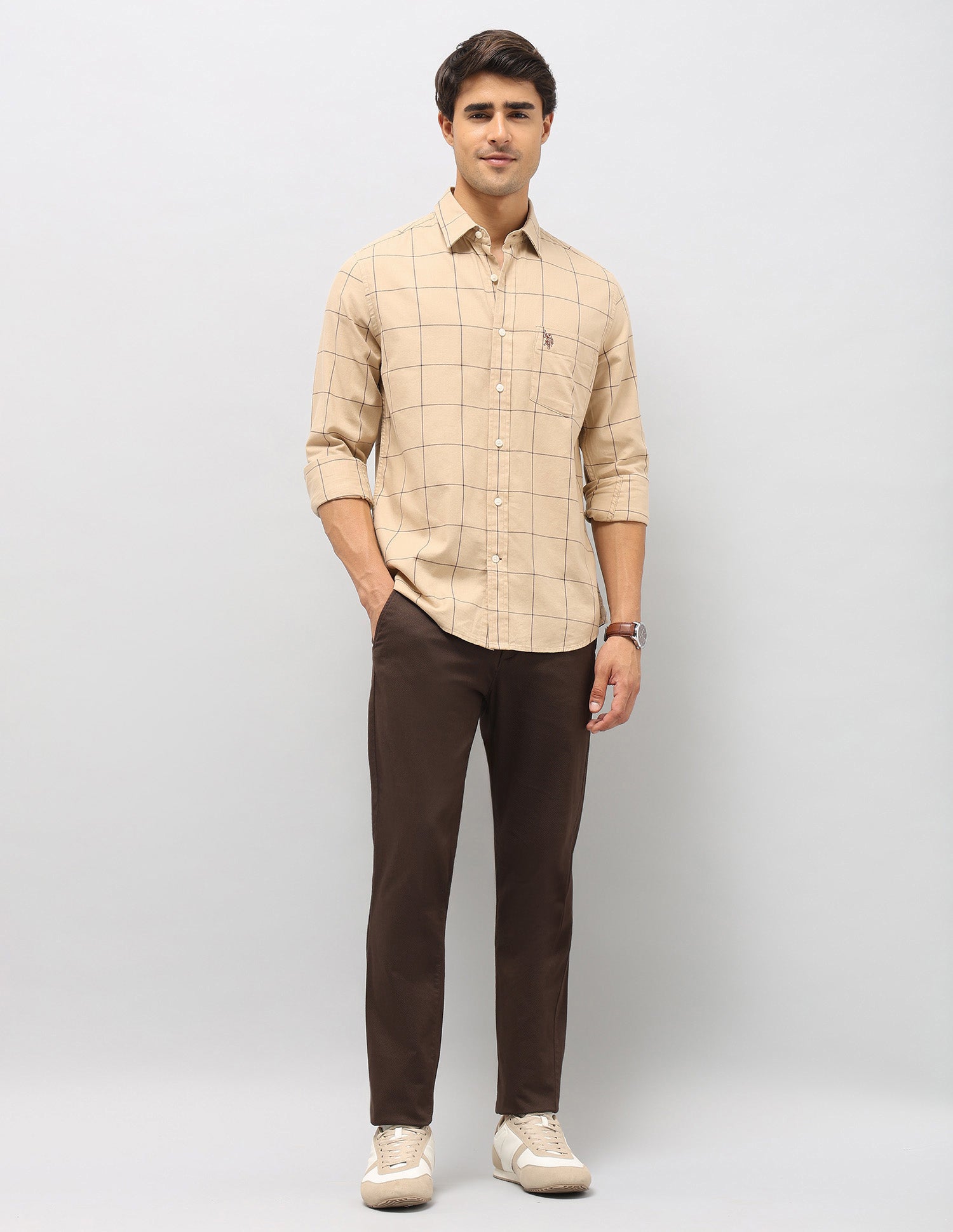 Windowpane Checked Pure Cotton Shirt Dark Beige - U.S. Polo Assn. India | Large