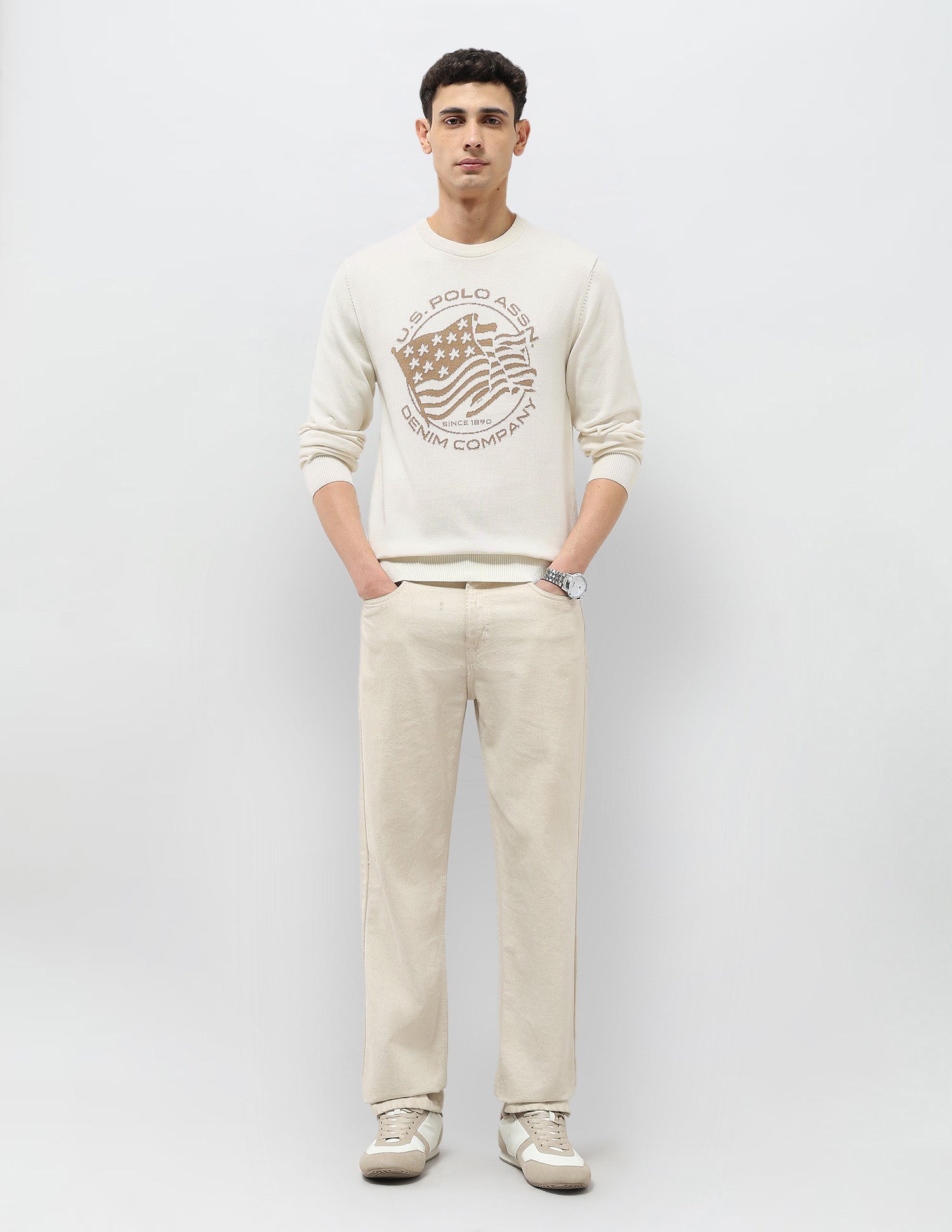 Brand Patterned Knit Regular Fit Sweater Ivory - U.S. POLO ASSN. | Large