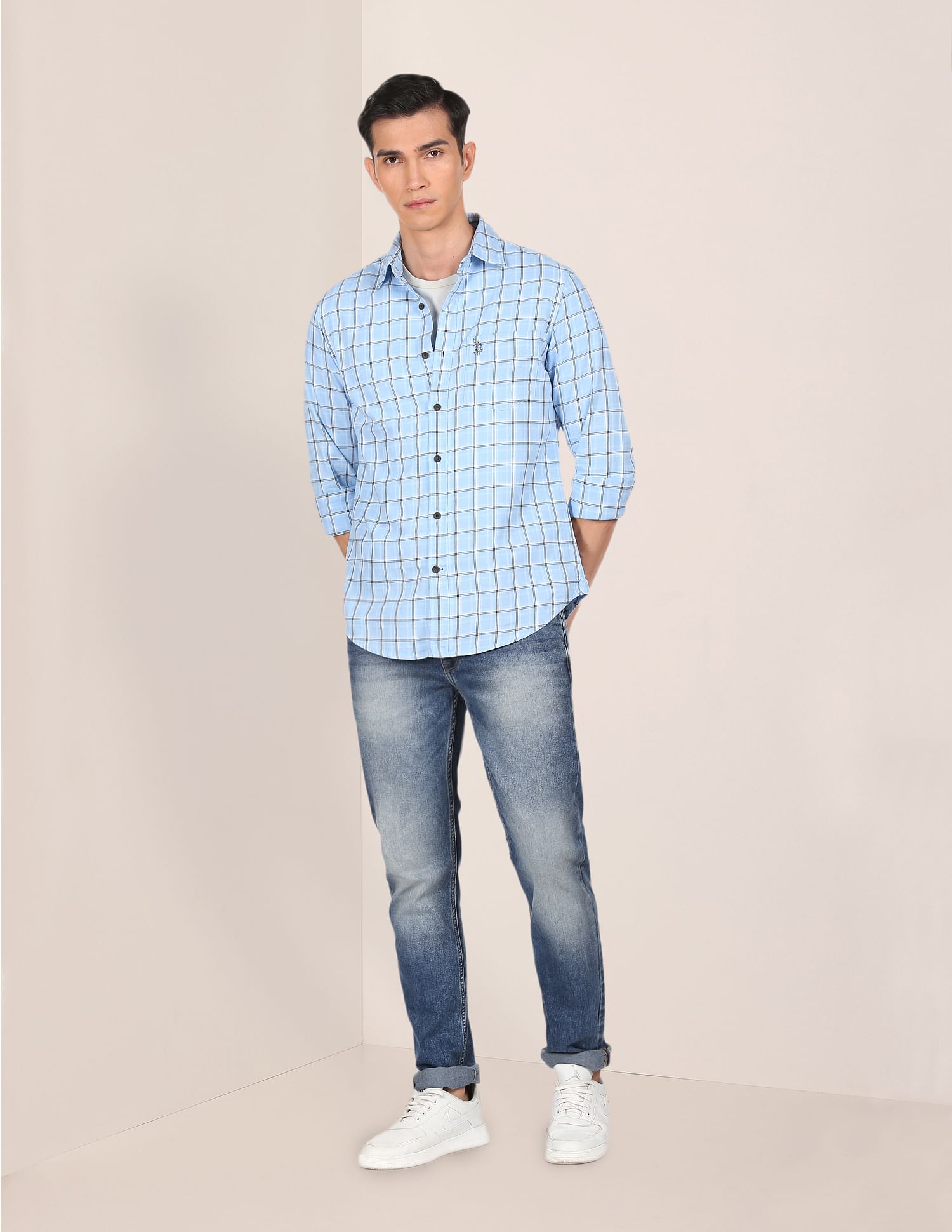 Men Light Blue Pure Cotton Check Casual Shirt Light Blue - U.S. POLO ASSN. | Large