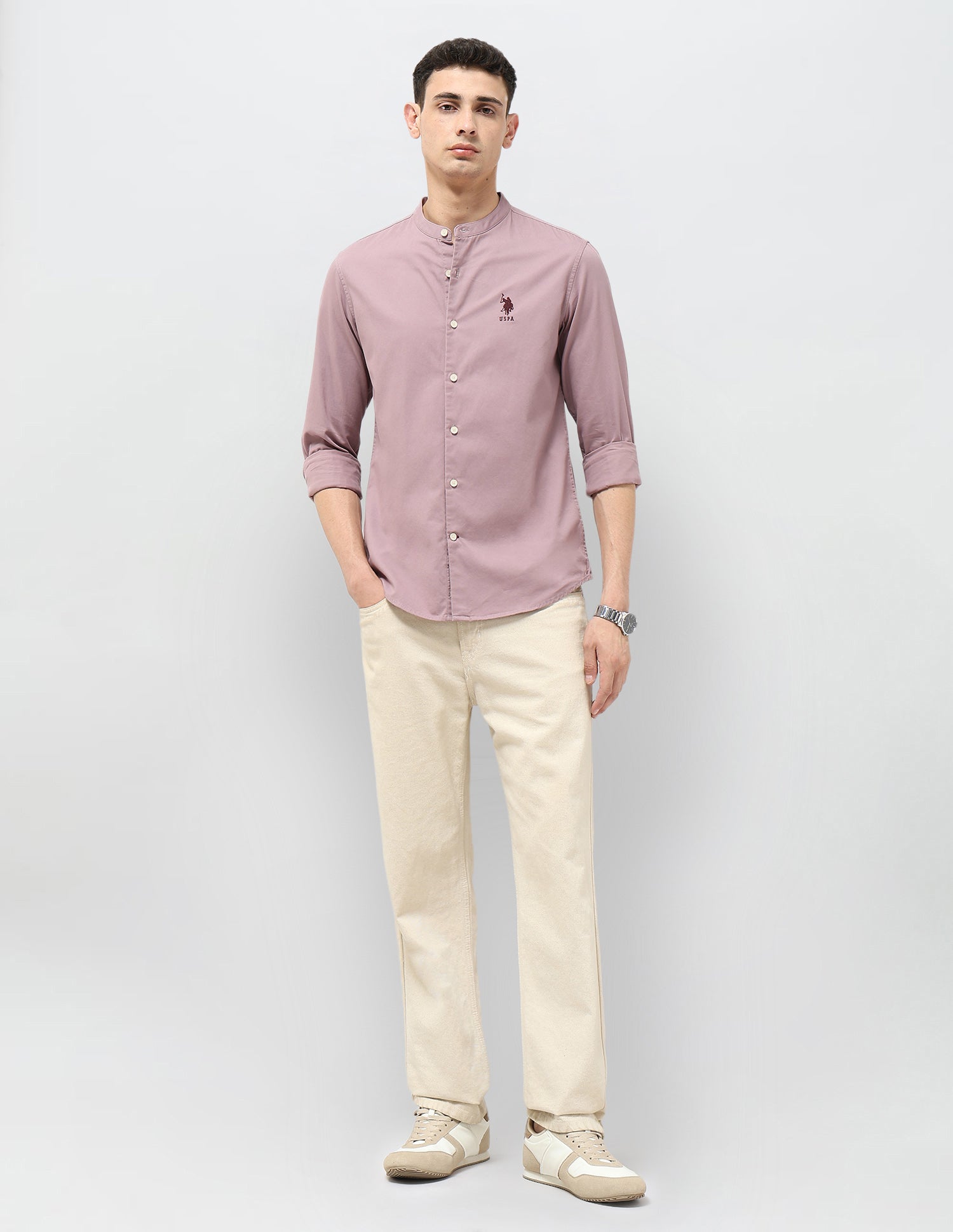 Twill Regular Fit Mandarin Shirt Dark Pink - U.S. Polo Assn. India | Large