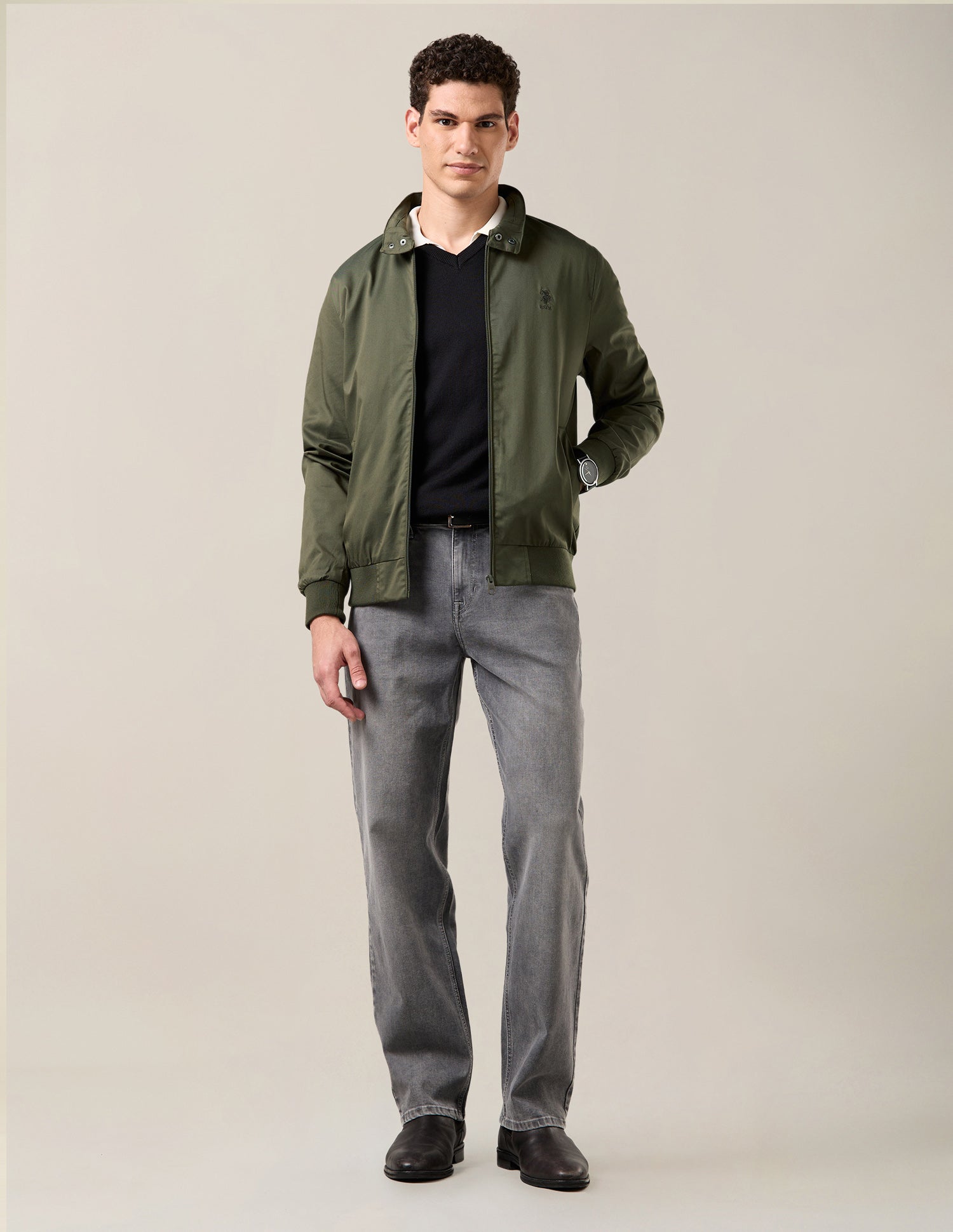 Solid Regular Fit Bomber Jacket Olive - U.S. Polo Assn. India | Large