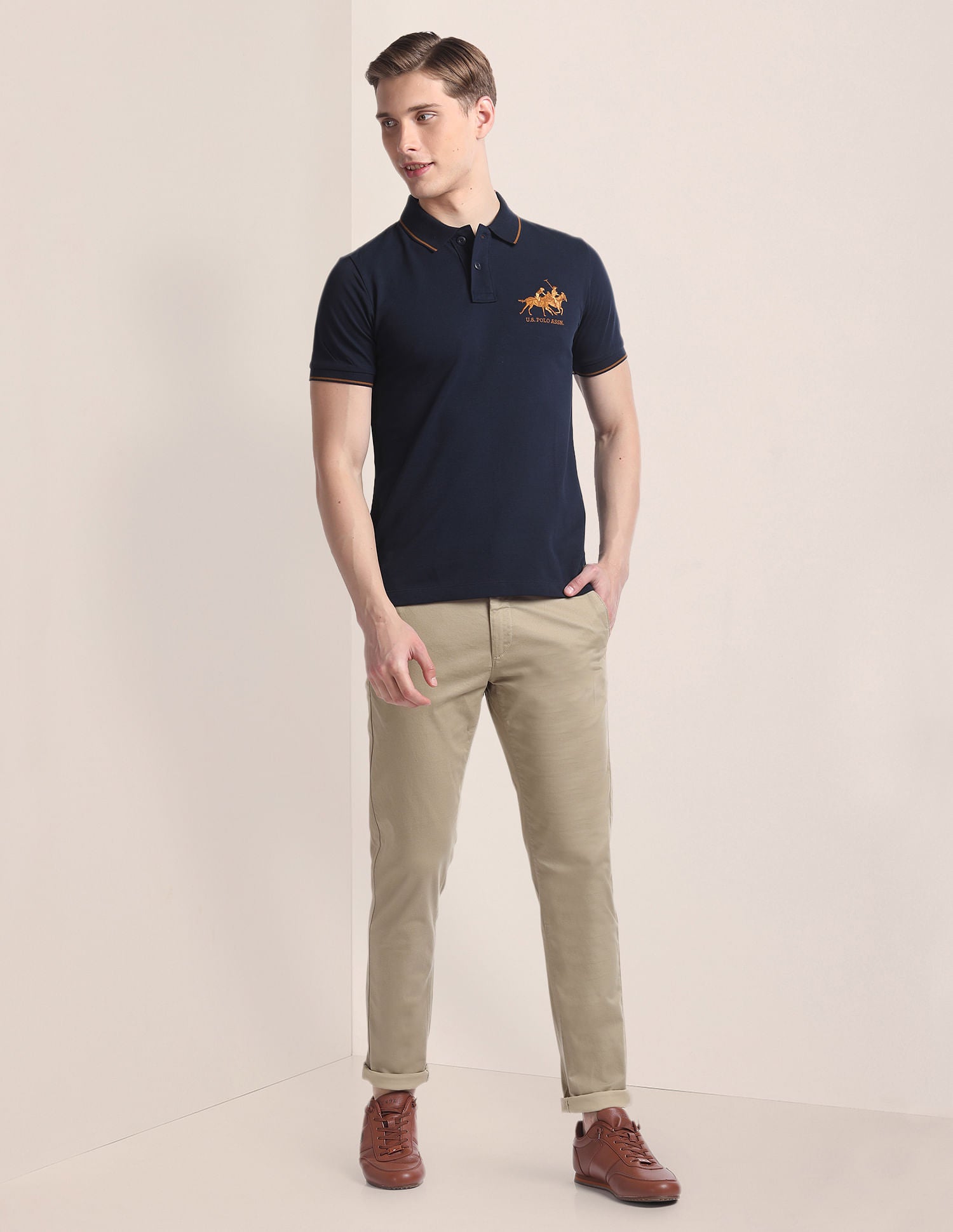 Slim Straight Dobby Trousers Khaki - U.S. Polo Assn. India | Large
