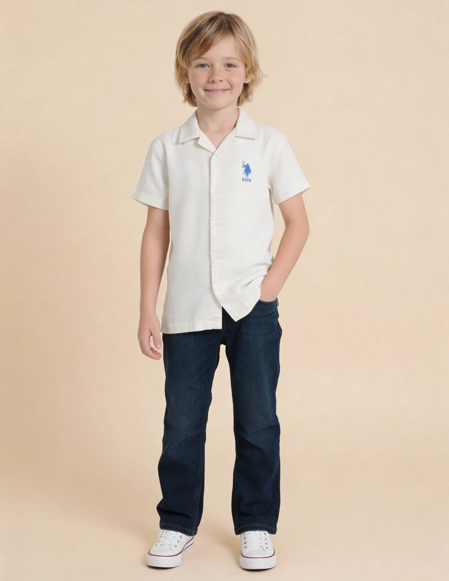 Boys Textured Graphic Brand Appliqued Shirt White - U.S. Polo Assn. India | Large