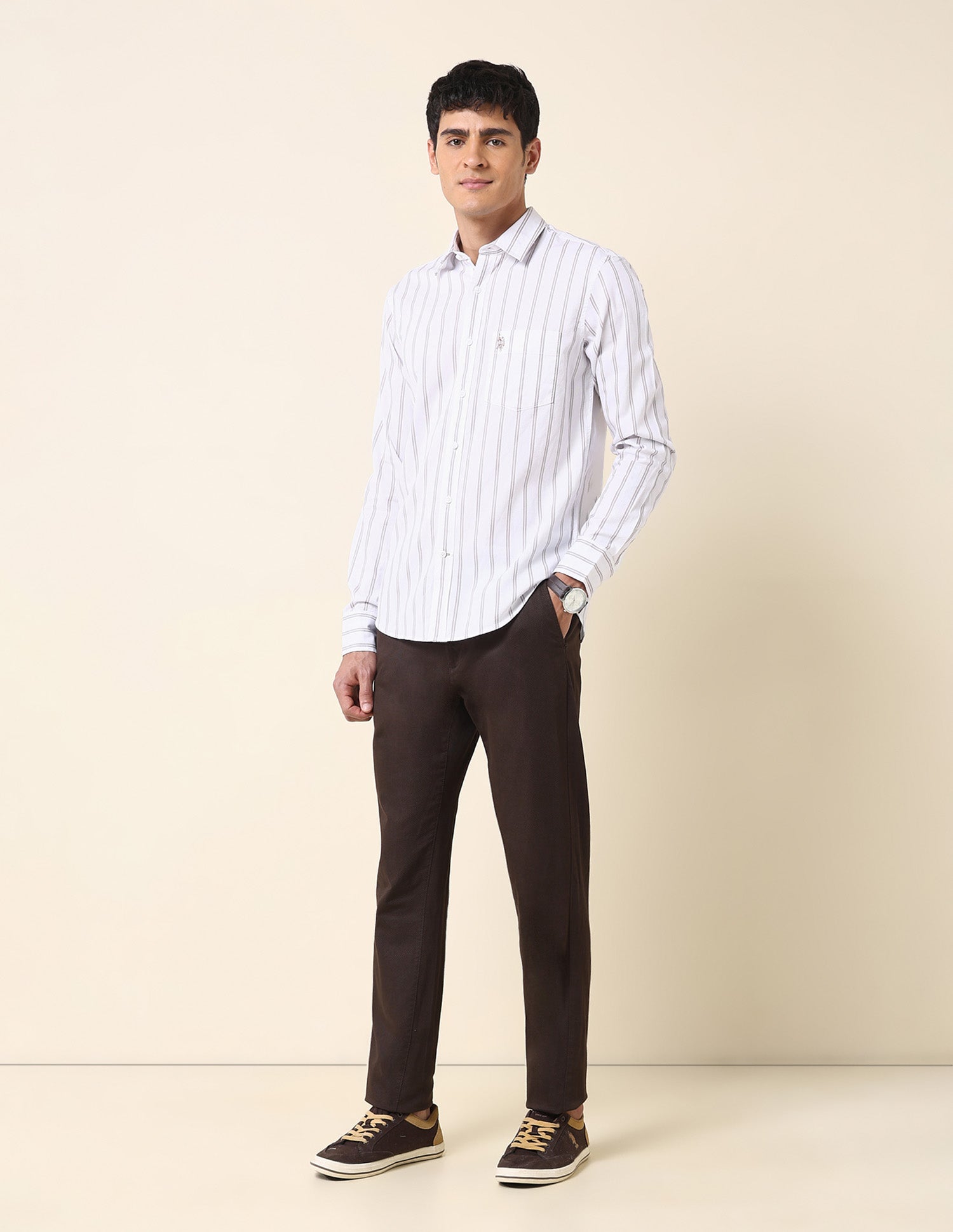 Vertical Striped Tailored Fit Shirt Khaki - U.S. Polo Assn. India | Large