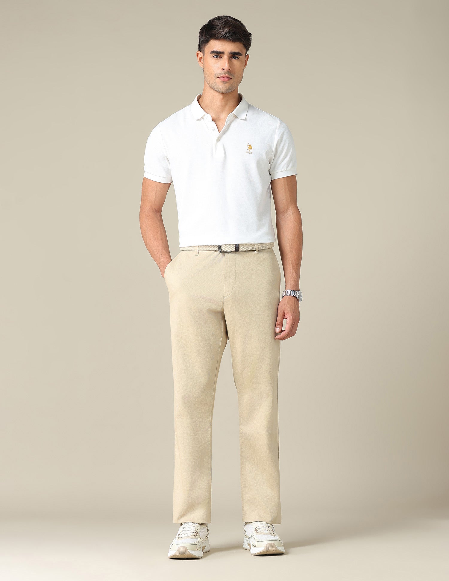Riley Straight Fit Dobby Trousers Light Khaki - U.S. POLO ASSN. | Large