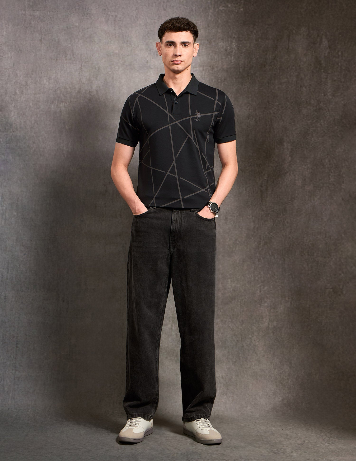 Geometric Printed Black & Gold Polo Shirt Black - U.S. Polo Assn. India | Large