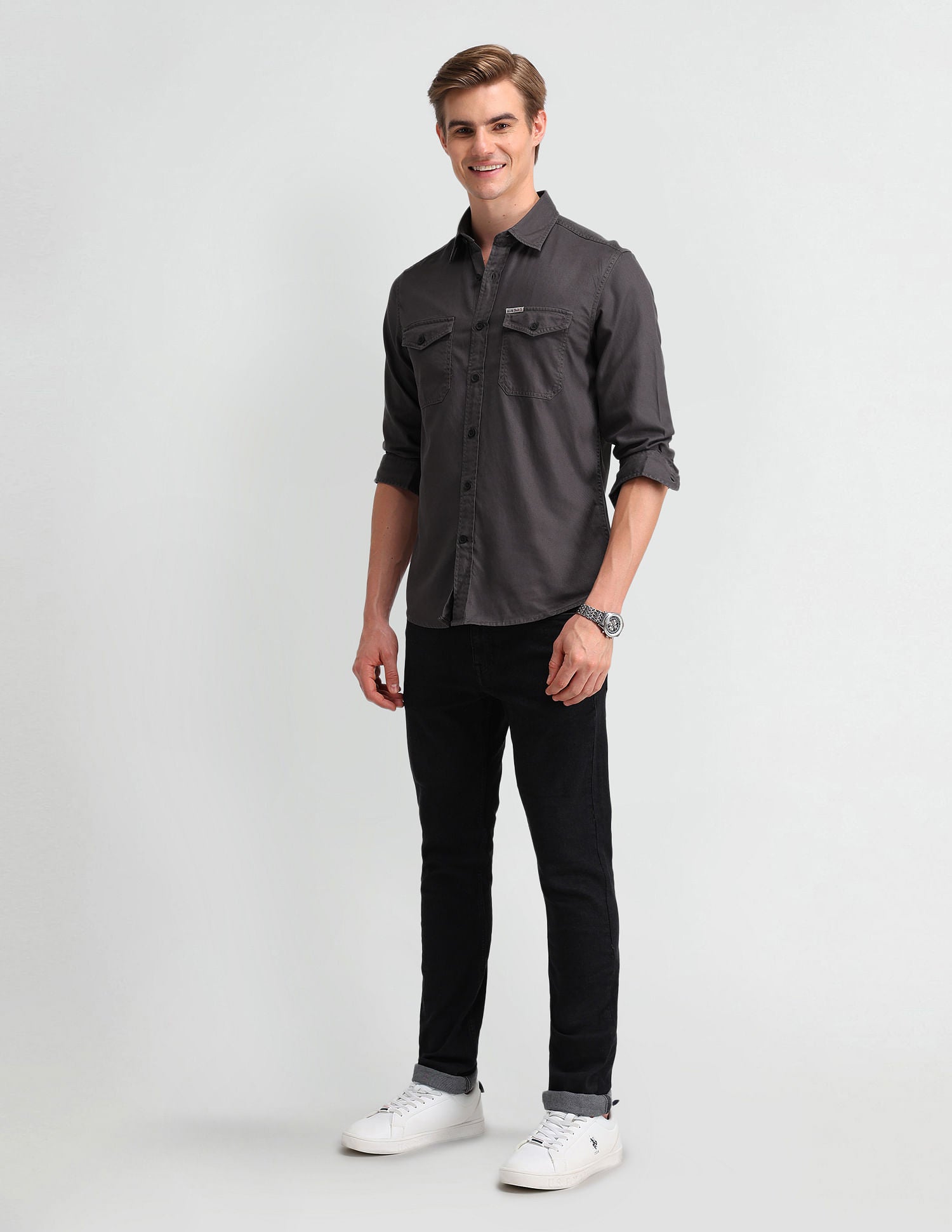 Slim Fit Cavalry Twill Shirt Dark Grey - U.S. Polo Assn. India | Large