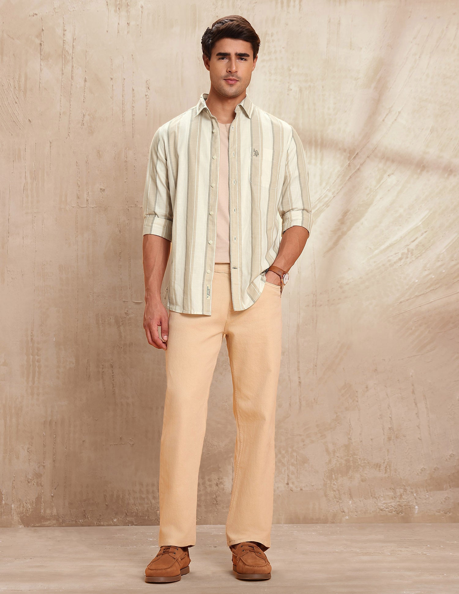 Slim Fit Vertical Striped Shirt Beige - U.S. POLO ASSN. | Large