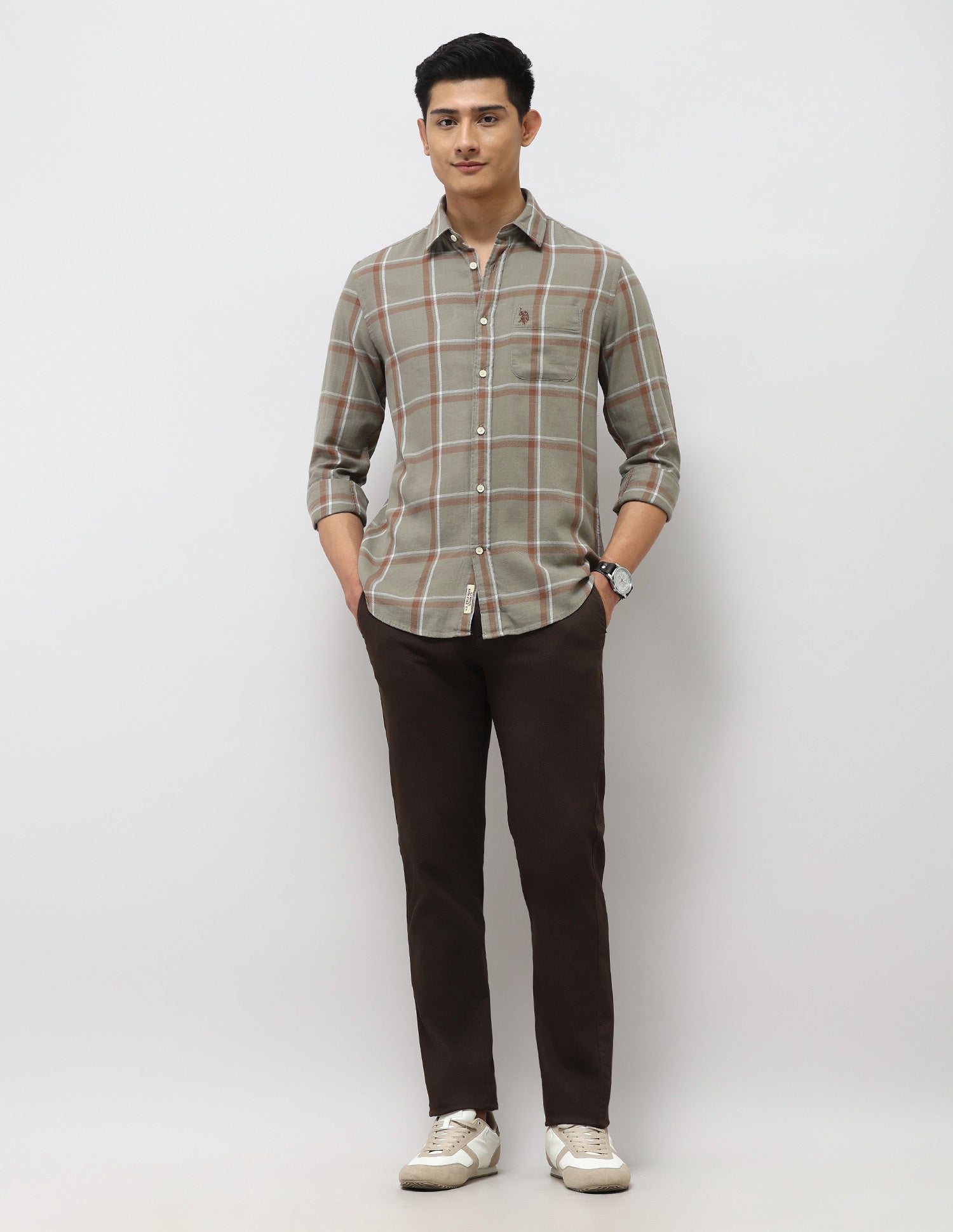 Windowpane Checked Twill Shirt Olive - U.S. Polo Assn. India | Large
