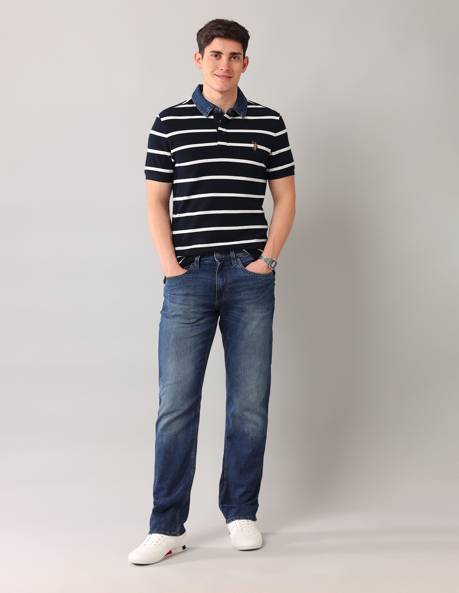 Horizontal Stripes Pure Cotton Polo Shirt Navy - U.S. Polo Assn. India | Large