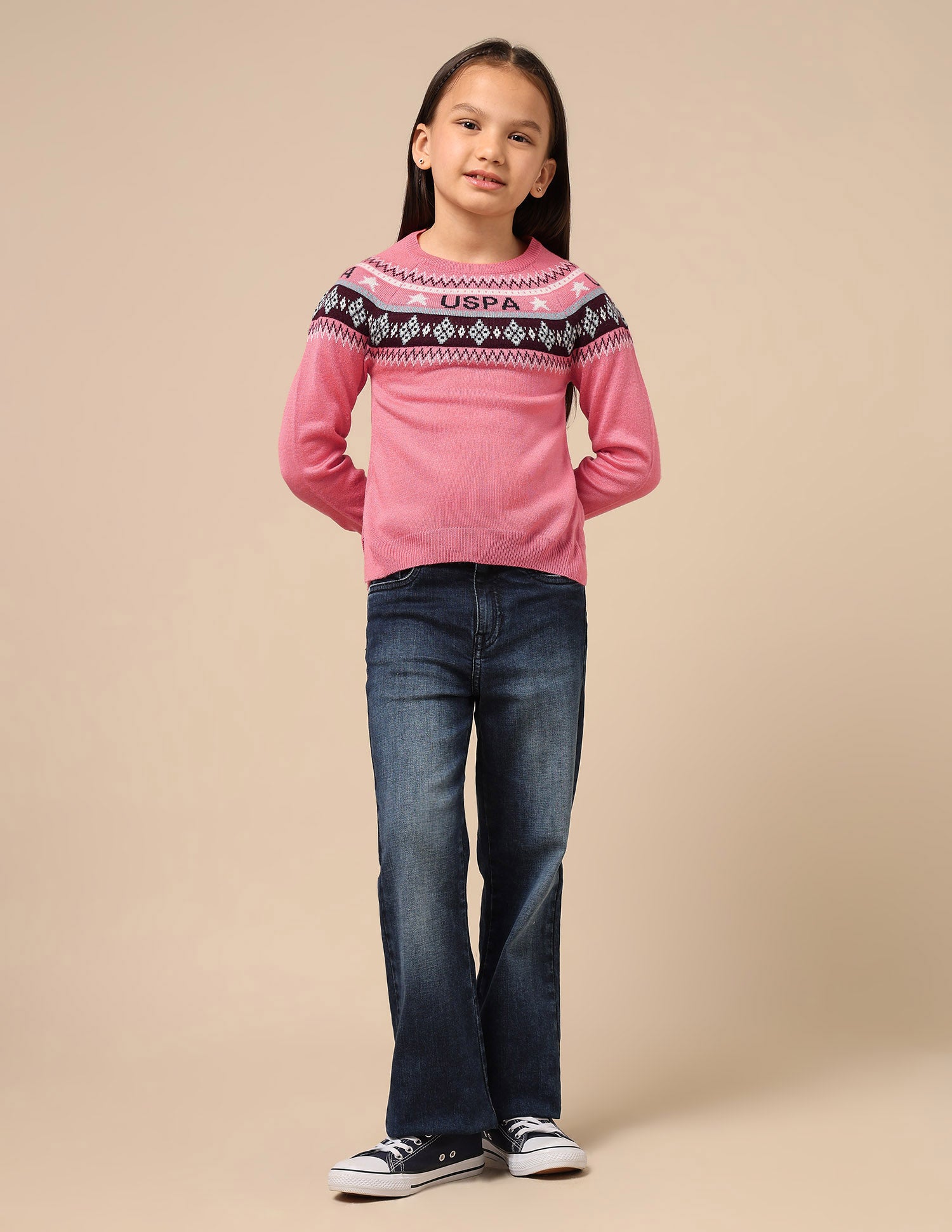 Girls Geometric Patterned Knit Sweater Pink - U.S. POLO ASSN. | Large