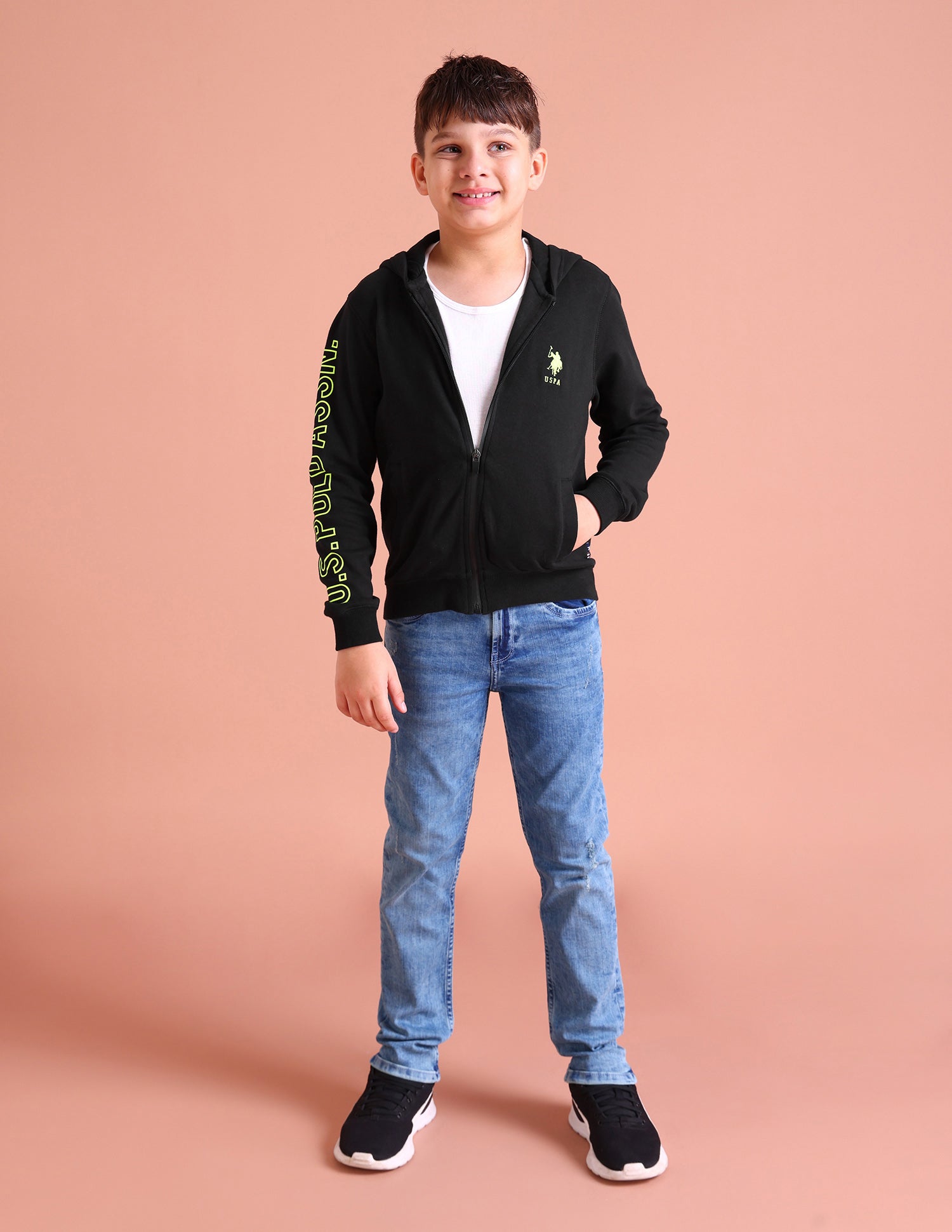 Boys Black Hooded Zip Up Brand Print Cotton Sweatshirt Black - U.S. POLO ASSN. | Large