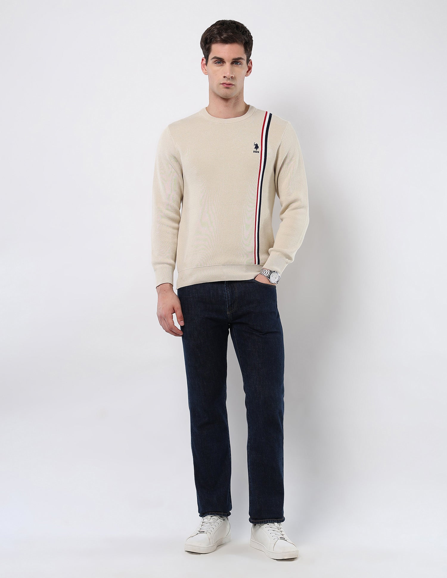 Vertical Striped Patterned Knit Sweater Beige - U.S. POLO ASSN. | Large