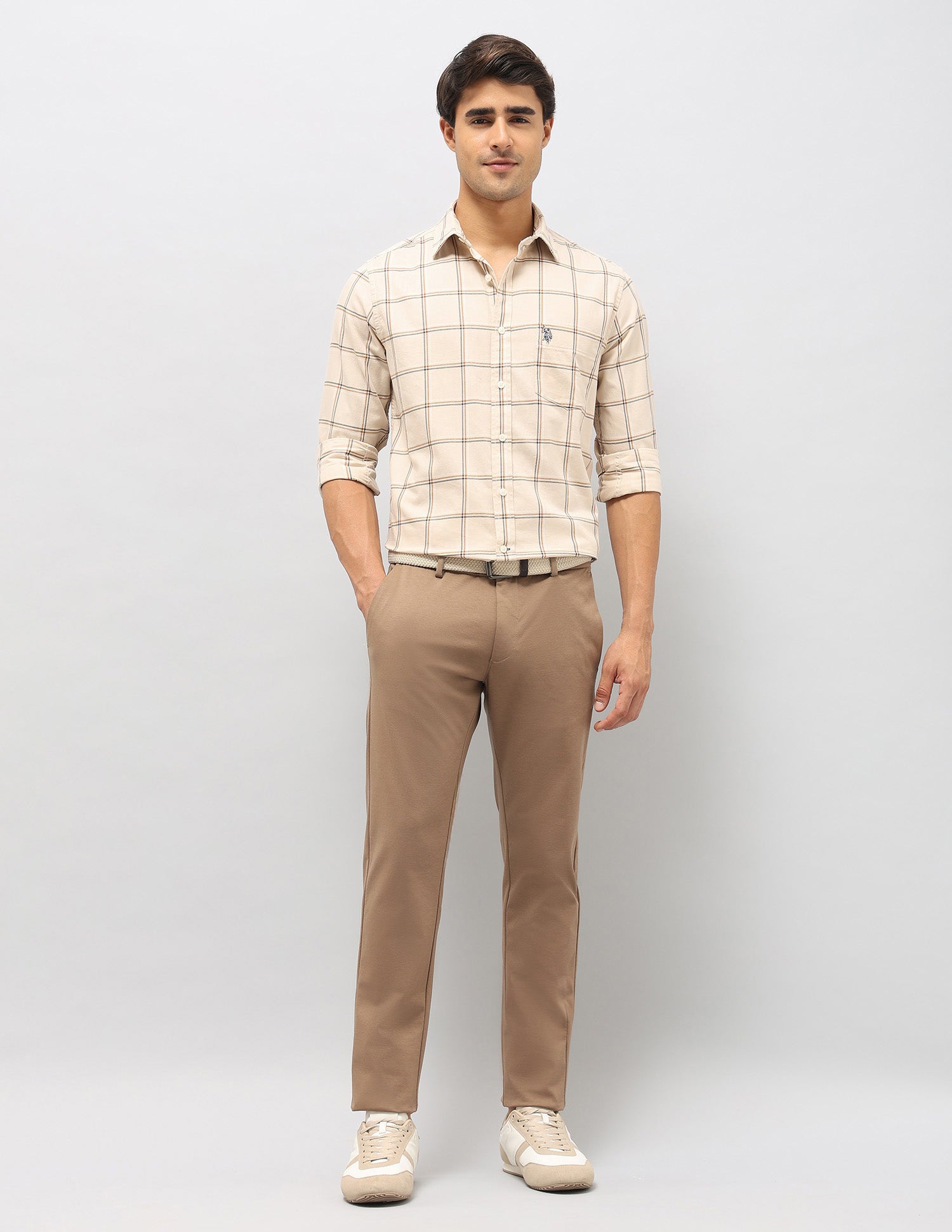 Windowpane Checked Pure Cotton Shirt Beige - U.S. Polo Assn. India | Large