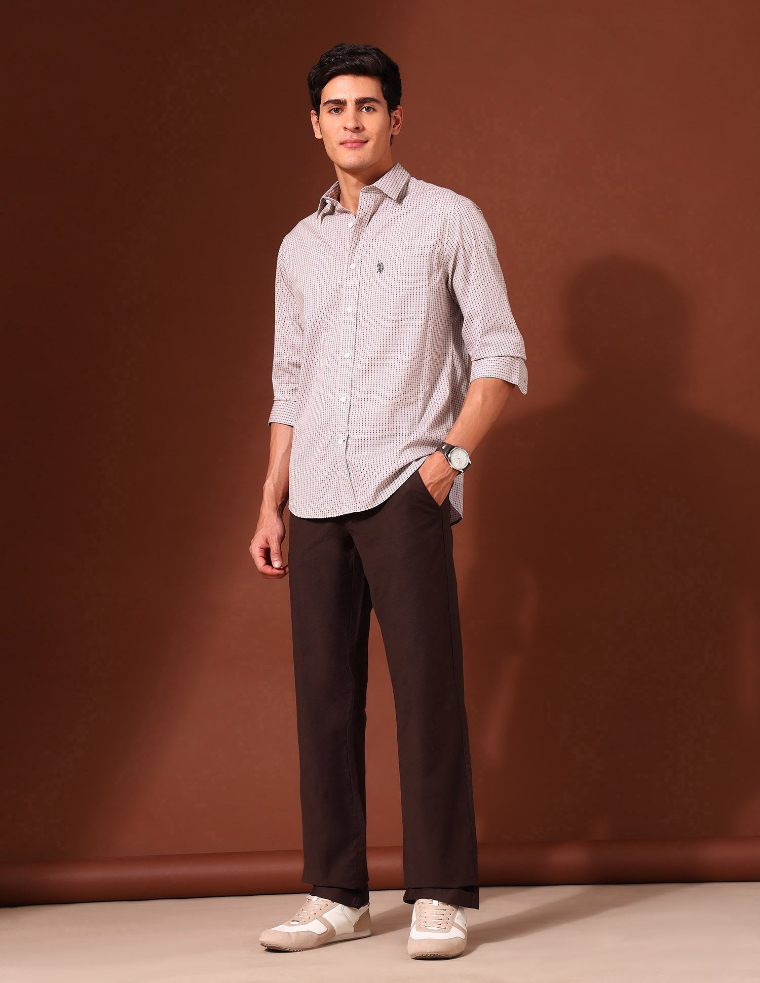 Geometric Printed Tailored Fit Shirt Beige - U.S. Polo Assn. India | Large