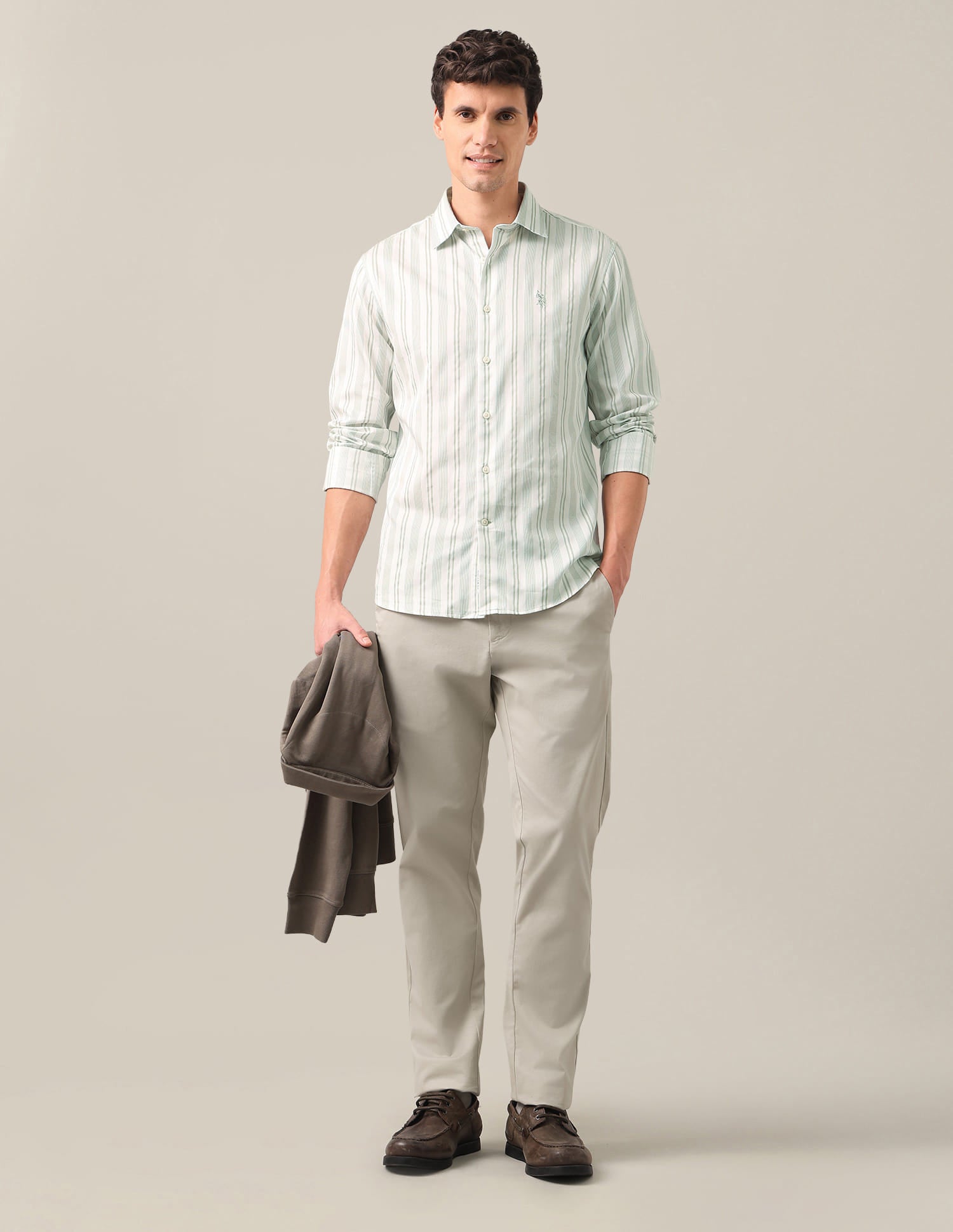 Vertical Striped Satin Shirt Green - U.S. Polo Assn. India | Large