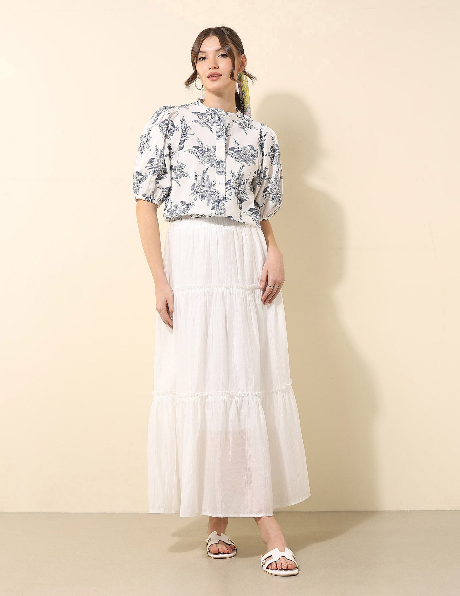 Floral Printed Chiffon Shirt Off White - U.S. Polo Assn. India | Large