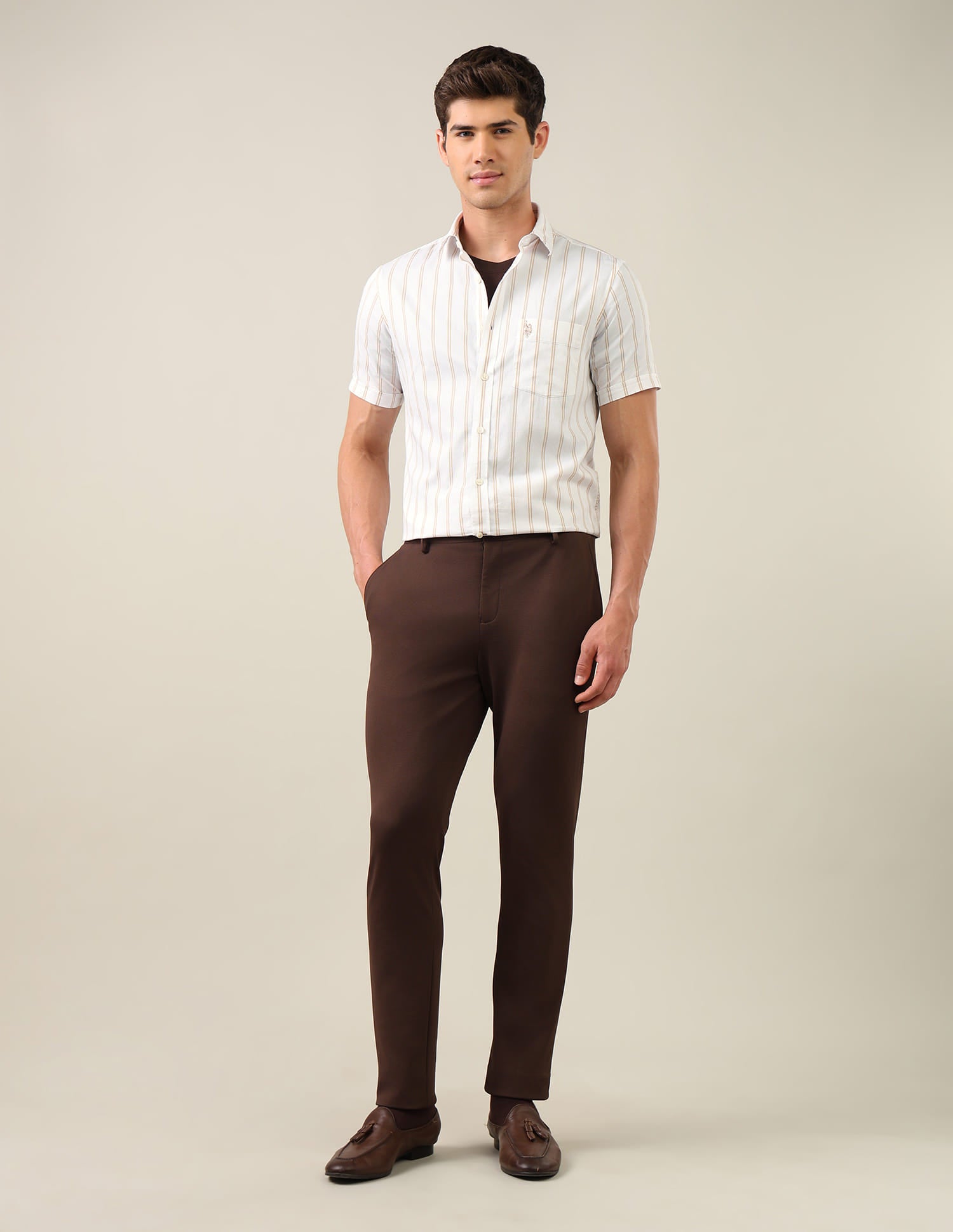 Vertical Striped Tailored Fit Shirt Beige - U.S. Polo Assn. India | Large