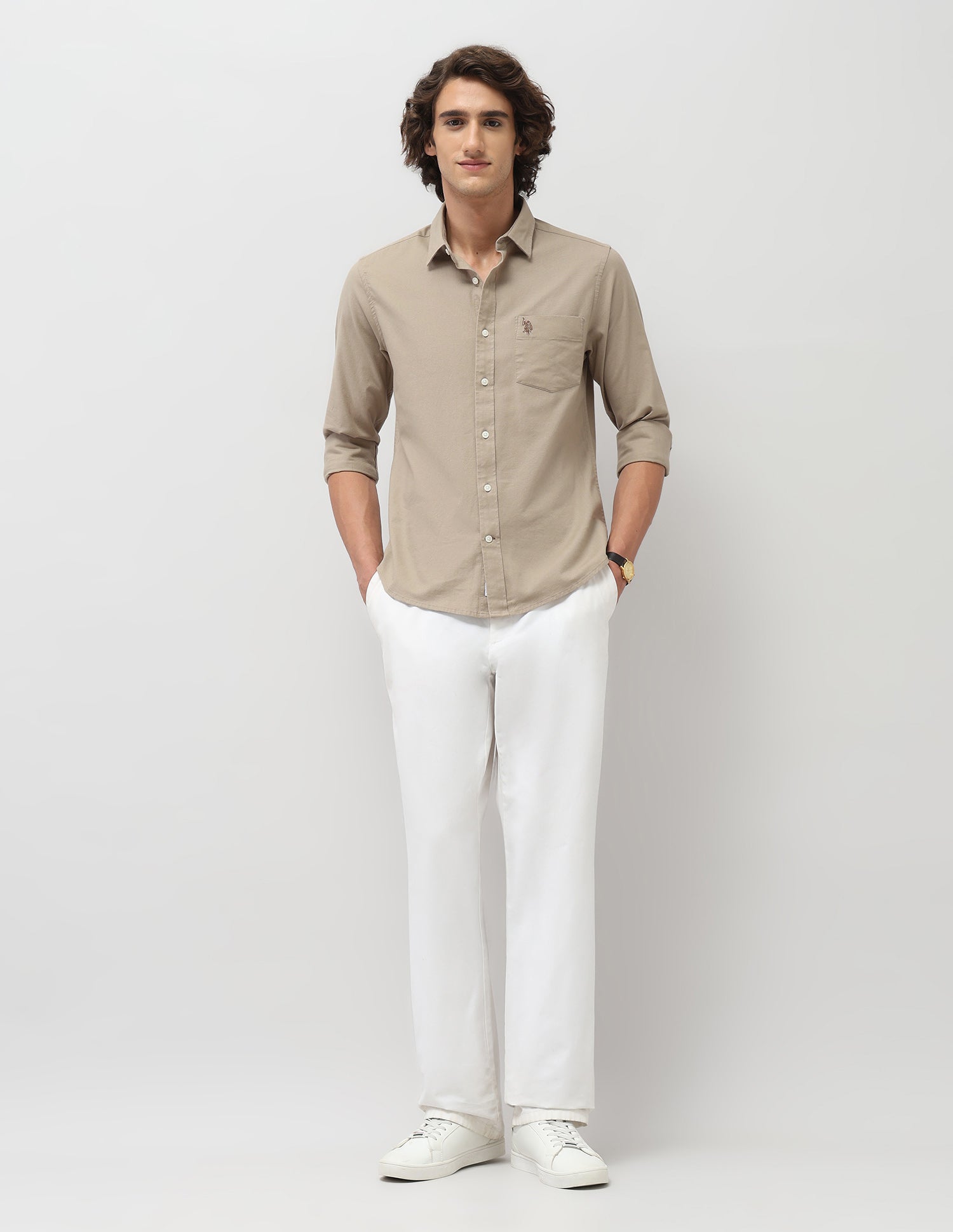 Tailored Fit Solid Shirt Khaki - U.S. Polo Assn. India | Large