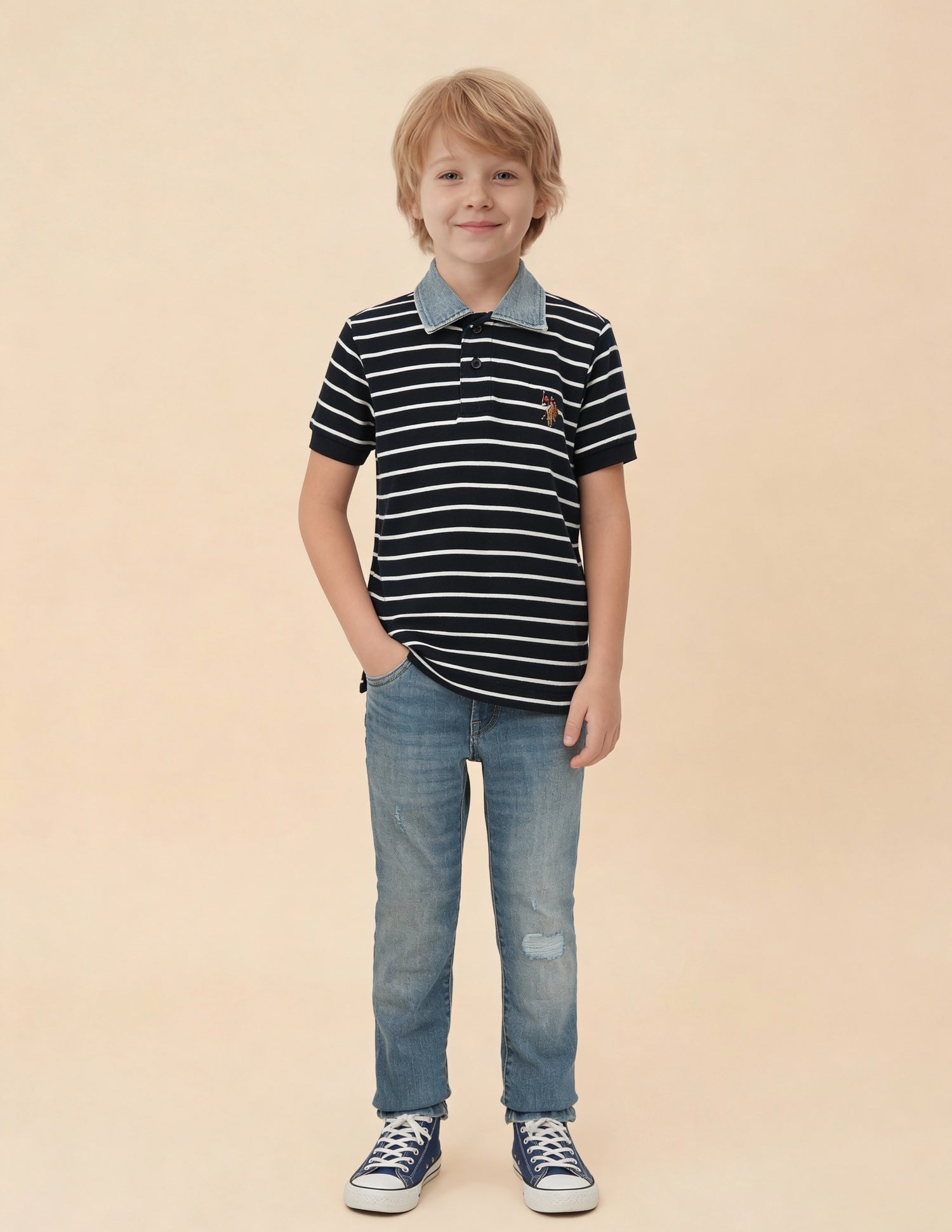 Boys Horizontal Striped Regular Fit Polo Shirt Navy - U.S. Polo Assn. India | Large