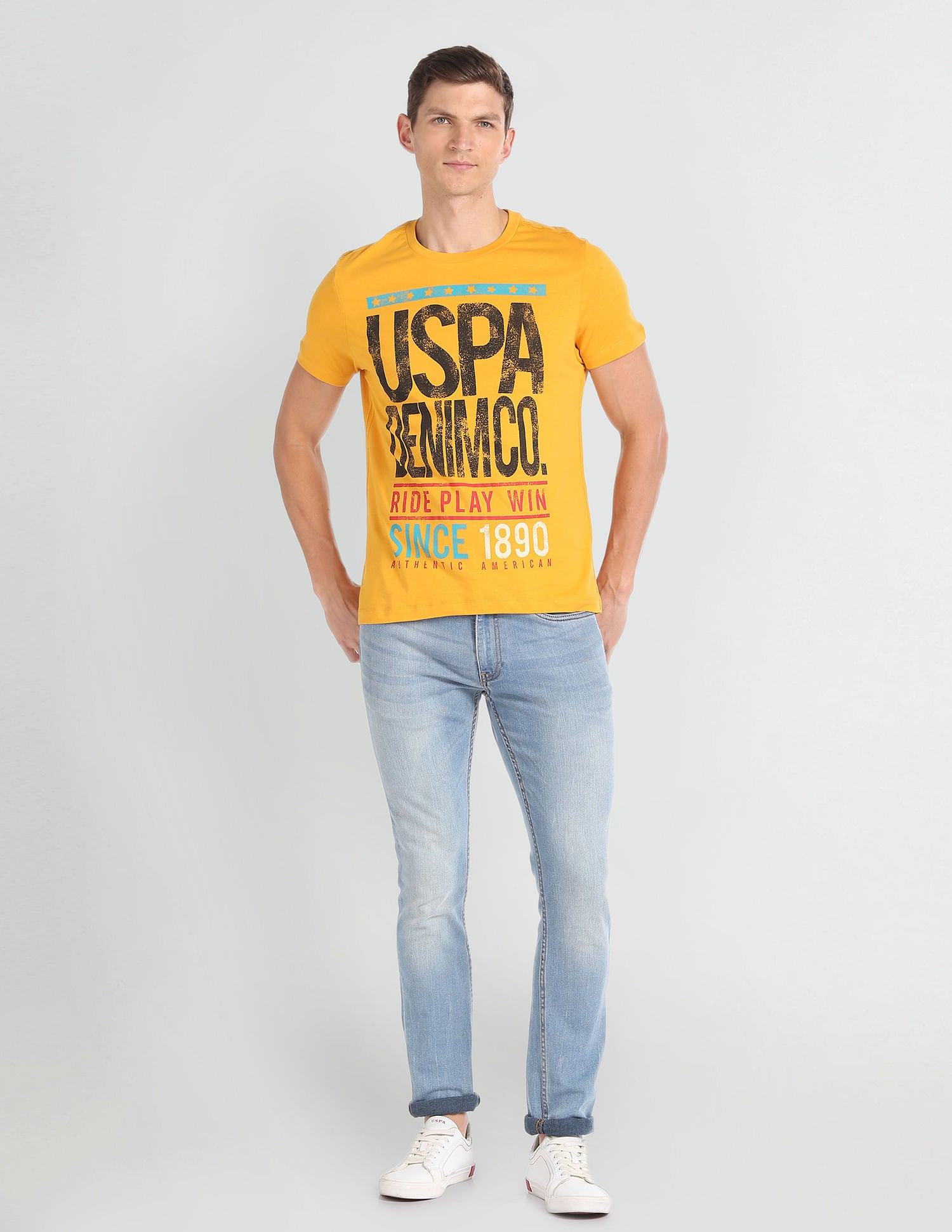 Crew Neck Typographic Print T-Shirt Mustard - U.S. Polo Assn. India | Large